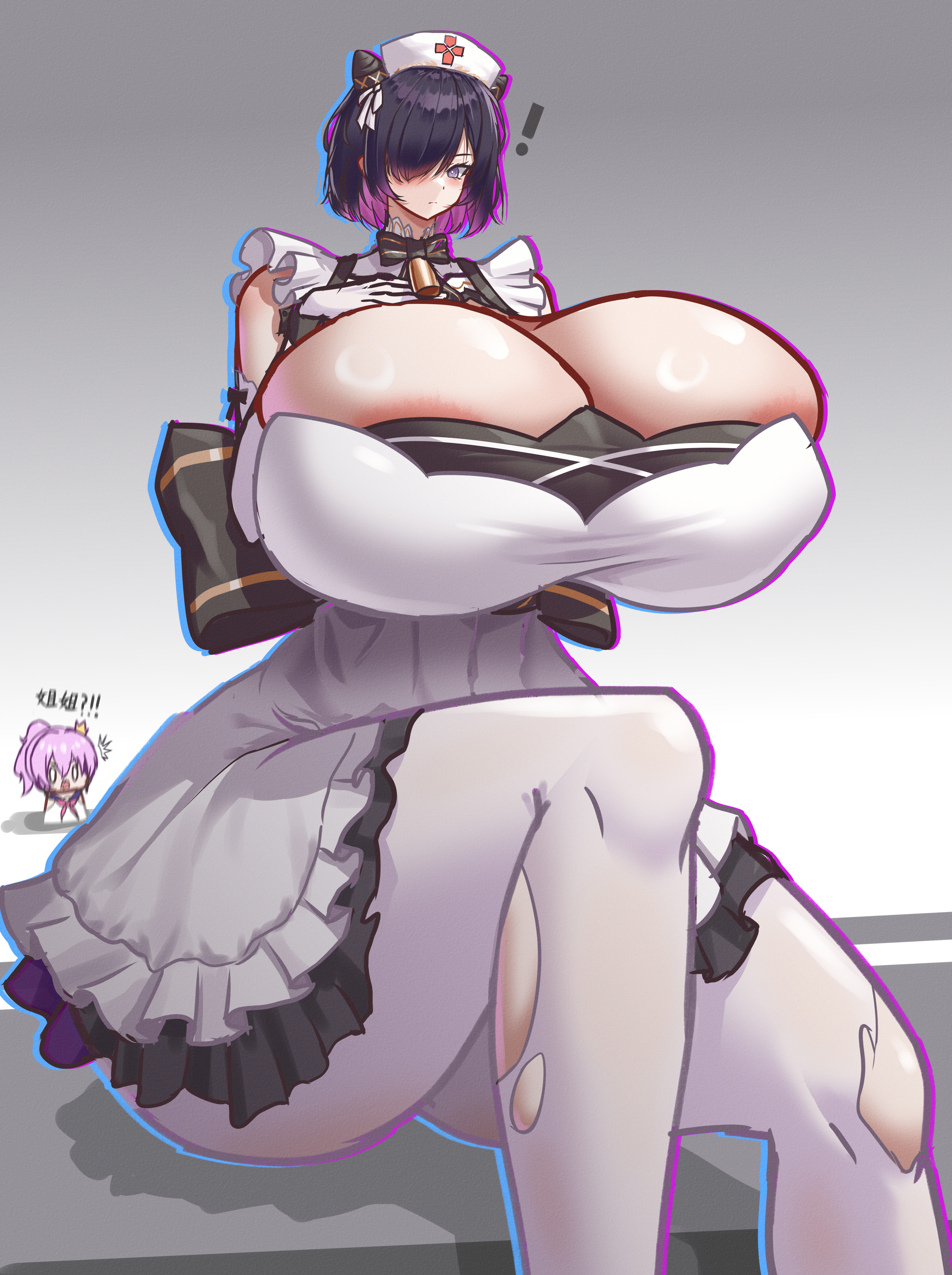 1girls, areola slip, azur lane, breasts, expansion, female, female only, growth, huge breasts, hyper, hyper breasts, javelin (azur lane), light skin, light-skinned female, overflowing breasts, skindentation, solo, thick thighs, torn clothes, vassago