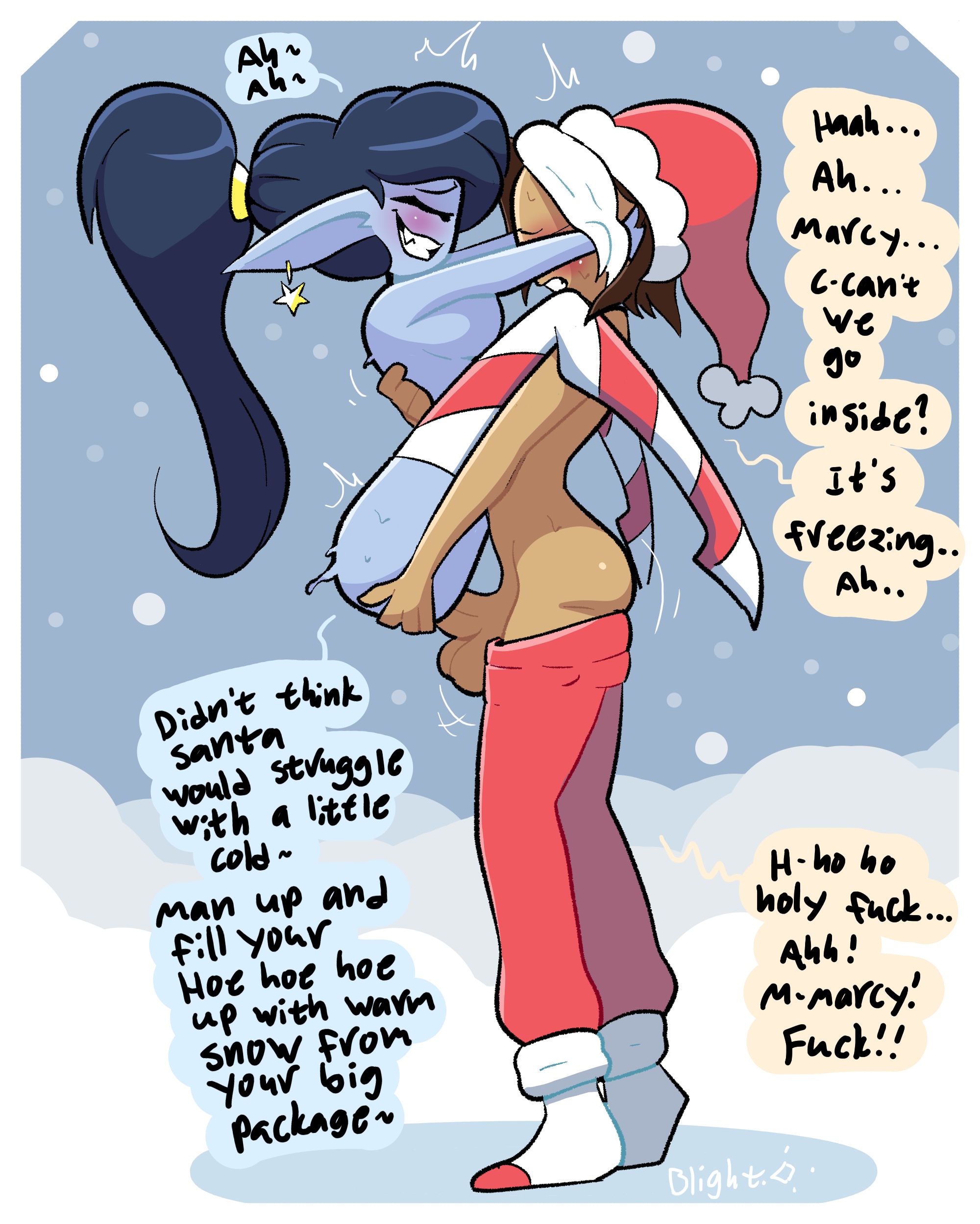 adoptive daughter, adoptive incest, adventure time, arms around partner, big age gap, blightstar, candy cane stocking, clenched teeth, dialogue, english text, functionally nude, grey body, hugging, human, male, marceline, older male, outside, penis, ponytail, pun, santa costume, santa hat, side view, simon petrikov, smile, snow, speech bubble, stand and carry position, standing, standing missionary, standing sex, star earrings, tagme, thighhighs, topless, upright straddle, vampire, younger female