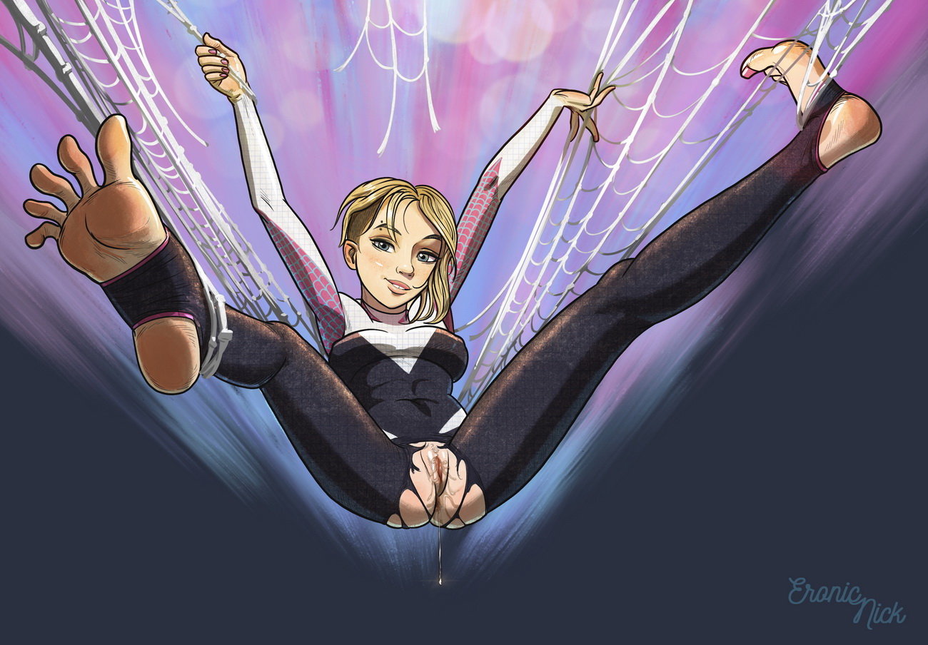 ass, asymmetrical hair, athletic, barefoot, blonde hair, bodysuit, breasts, bubble ass, bubble butt, buckteeth, busty, crotchless, eyebrow piercing, eyelashes, eyeliner, feet, female, female focus, female only, fit, fit female, flexible, foot fetish, foot focus, full body, gwen stacy, gwen stacy (spider-verse), labia, marvel, marvel comics, mascara, nail polish, nickeronic, piercing, pinup, pose, posing, pussy, pussy juice, pussy juice drip, short hair, small breasts, soles, solo, spider web, spider-gwen, spider-man (series), vagina, wet, wet pussy