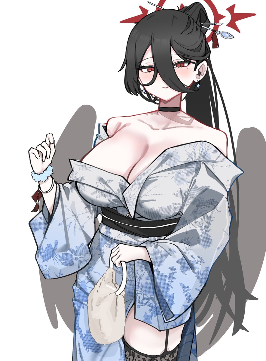 1girls, artist request, big breasts, black hair, blue archive, feathered wings, female, female only, garter belt, halo, hasumi (blue archive), justice task force (blue archive), kimono, legwear, ponytails, purse, trinity general school student, wings, yukata