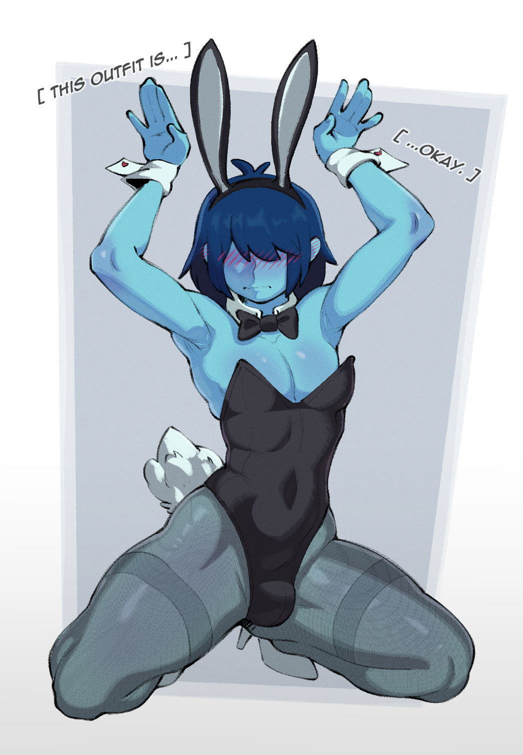 1boy, 2026, armpits, arms up, blue body, blue hair, blue skin, blush, bowtie collar, bulge, bulge through clothing, bunny pose, bunnysuit, cosplay, cuffs (clothing), deltarune, demidoggo, digital media (artwork), easter, english, fake animal ears, fake bunny ears, fake bunny tail, femboy, fishnet legwear, fishnets, fluffy tail, hair over eyes, heels, hi res, kris (deltarune), looking away, male, male human, male only, male playboy bunny, playboy bunny, playboy bunny leotard, pose, posing for the viewer, solo, solo focus, solo male, squatting, thick thighs, tight clothing, undertale (series)