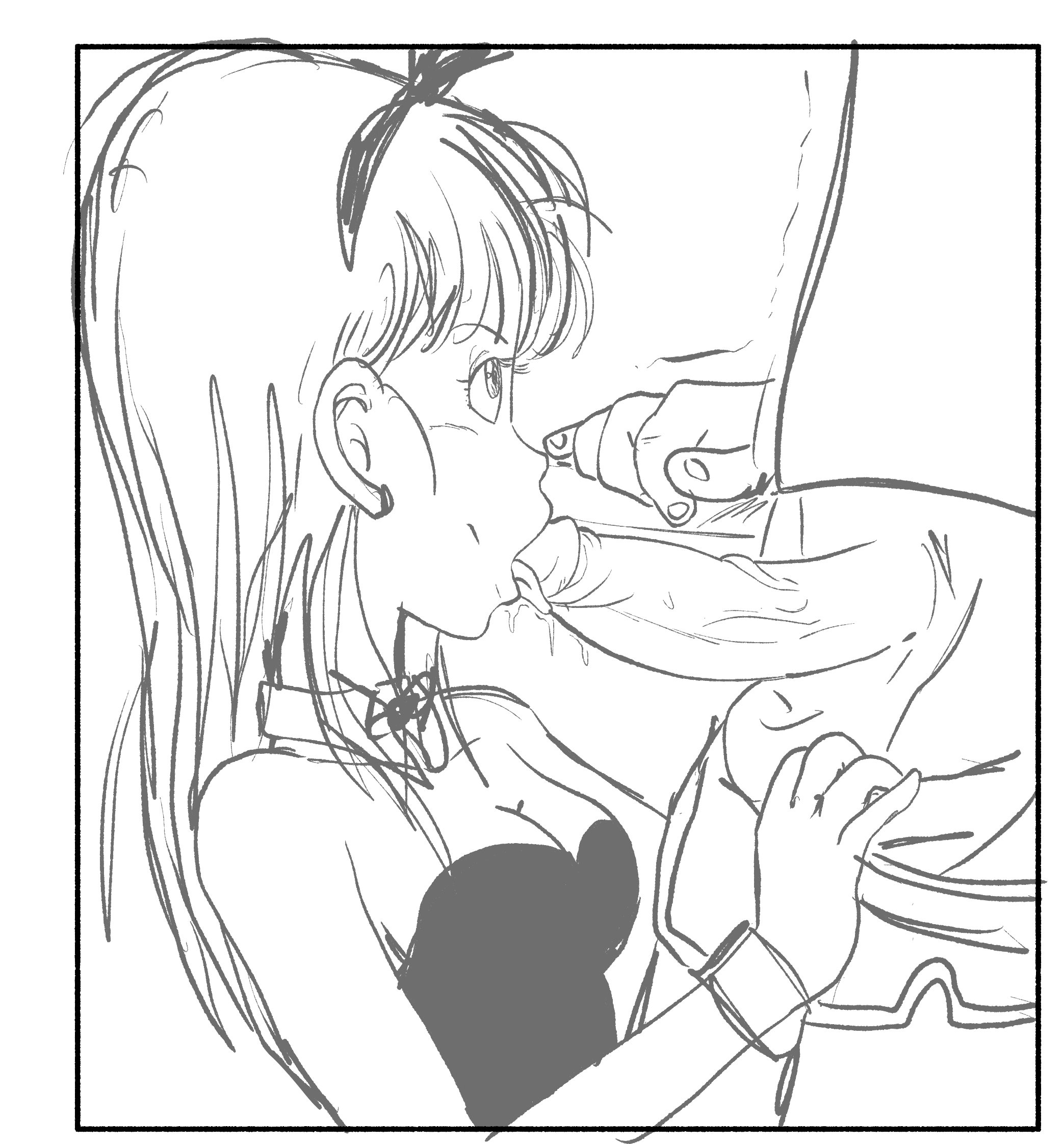 bowtie, bulma briefs, bunny ears, bunnysuit, clothed, clothed female nude male, dominant female, dragon ball, hand on partner, kanporairten, licking penis, looking up, shaking, sketch, sucking penis, teenage bulma, veiny penis, yamcha