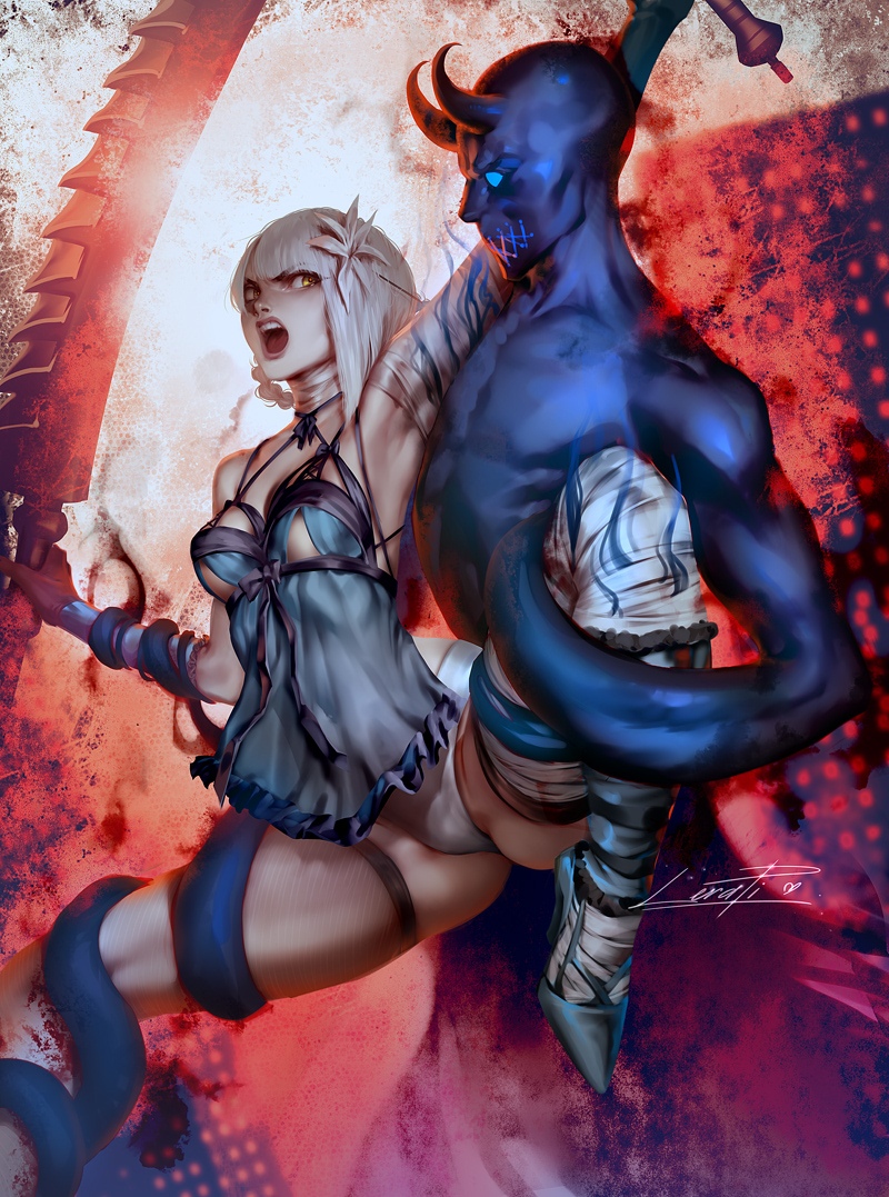 1girls, bare shoulders, breasts, female, female only, kaine (nier), lerapi, looking at another, medium breasts, nier (series), solo, solo female, stockings, white hair, yellow eyes
