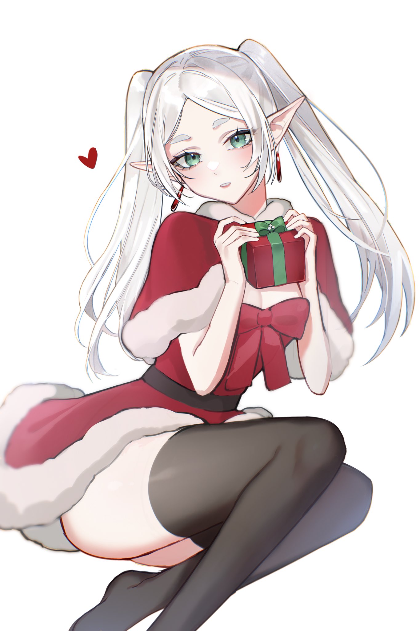 alternate costume, ass, black thighhighs, bow, box, breasts, capelet, cleavage, commentary, dress, earrings, elf, english commentary, evangellium, female, female only, forehead, frieren, fur trim, fur-trimmed capelet, fur-trimmed dress, gift, gift box, green eyes, grey hair, heart, highres, holding, holding gift, jewelry, lipstick, looking at viewer, makeup, paid reward available, parted bangs, pointy ears, red bow, red capelet, red dress, red lips, santa costume, santa dress, simple background, sitting, small breasts, solo, sousou no frieren, thighhighs, thighs, white background