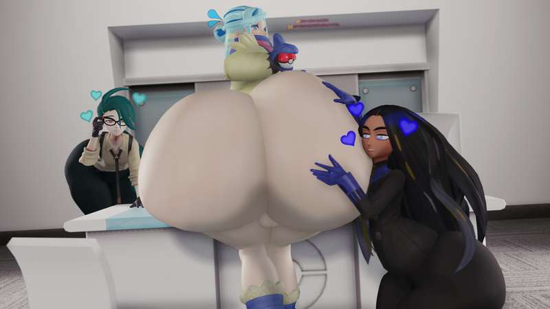 1femboy, 2girls, 3d, alternate body type, ass, ass bigger than head, big ass, big breasts, breasts, chili (pokemon sv), female, female on femboy, femboy, geeta (pokemon), grusha (pokemon), huge ass, huge breasts, hyper, hyper ass, hyper breasts, naked, naked female, oakensfm, omodaka (pokemon), pokemon, pokemon sv, rika (pokemon), small balls, woodworksfm, yuri