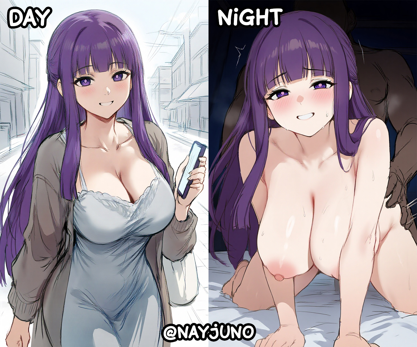 after anal, after sex, after vaginal, ai assisted, ai generated, all fours, ass, before, before and after, before oral, before sex, black cock, casual, casual clothes, cheating, continuation, dark penis, dark skin, dark-skinned male, day, doggy style, fern (sousou no frieren), humiliate, humiliated, humiliating, humiliation, large penis, meme, naked, naked female, nay juno, netorare, night, ntr, nude, nude female, penetrating, penetrating pussy, penetration, penetration from behind, sex, sex from behind, sexy, sexy body, sexy pose, sousou no frieren, street
