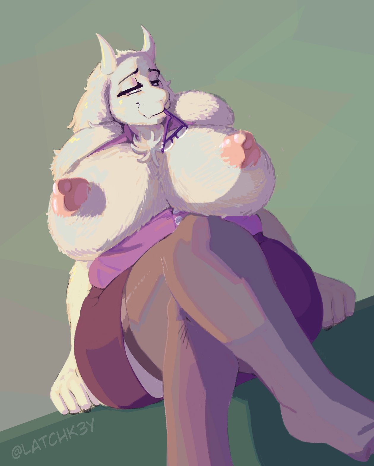 1girls, 2d, anthro, anthro female, anthro only, breasts, caprine, curvy, female, female only, furry, furry female, furry only, gigantic breasts, latchk3y, looking at viewer, non-human areolae, sitting, solo, topless, toriel, undertale, undertale (series), white fur