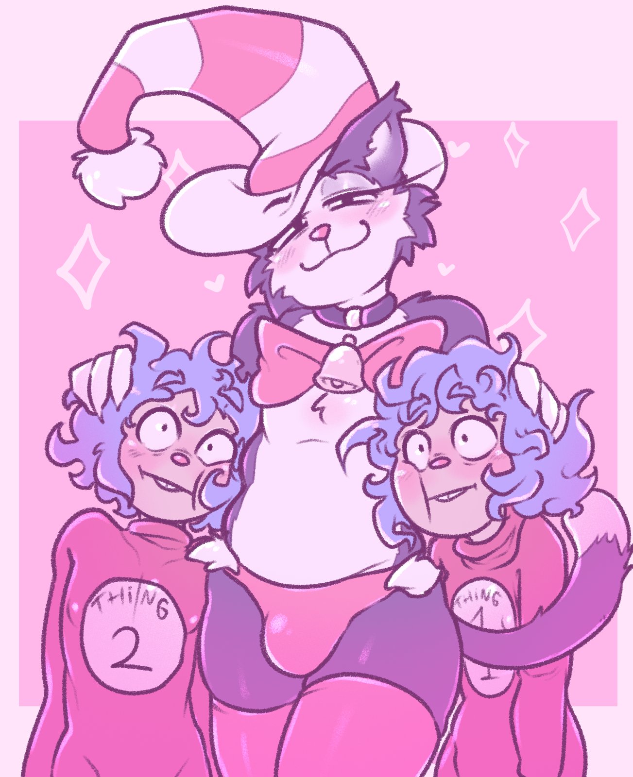 <3, 2021, 3boys, aipeco18, anthro, bedroom eyes, black body, black fur, black skin, blue hair, blush, blushing, bulge, clothed, clothing, domestic cat, dr seuss, dr. seuss, felid, feline, felis, femboy, gay, half-closed eyes, hat, headgear, headwear, heart symbol, hearts, hi res, looking at viewer, male, male only, narrowed eyes, nipples visible through clothing, penis outline, smile, socks, stockings, tail, the cat in the hat, the cat in the hat (character), thing one, thing two, white body, white fur, white skin, yaoi