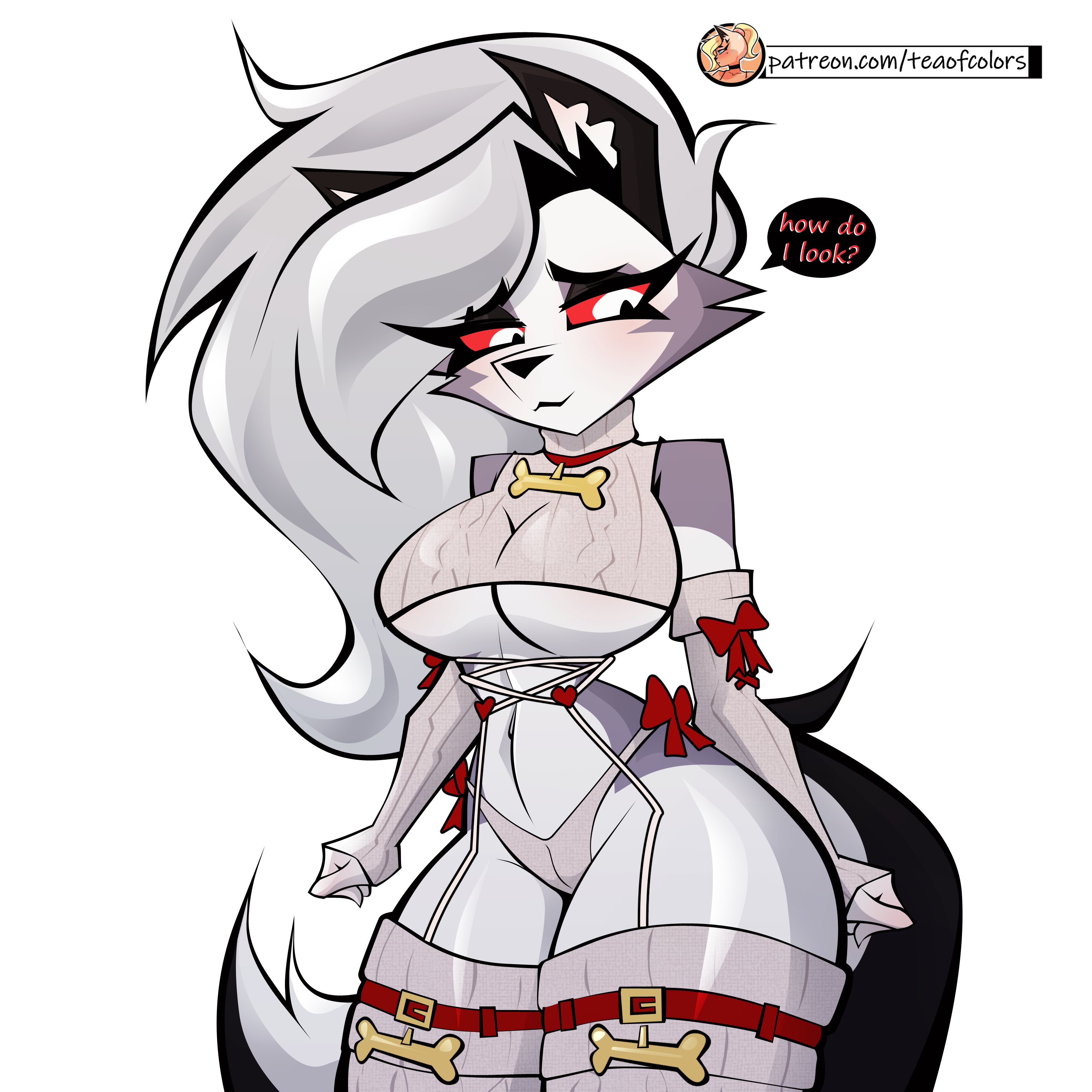 breasts, clothed, clothing, english text, exposed hips, female, female only, hellaverse, helluva boss, hip cleavage, loona (helluva boss), teaofcolors
