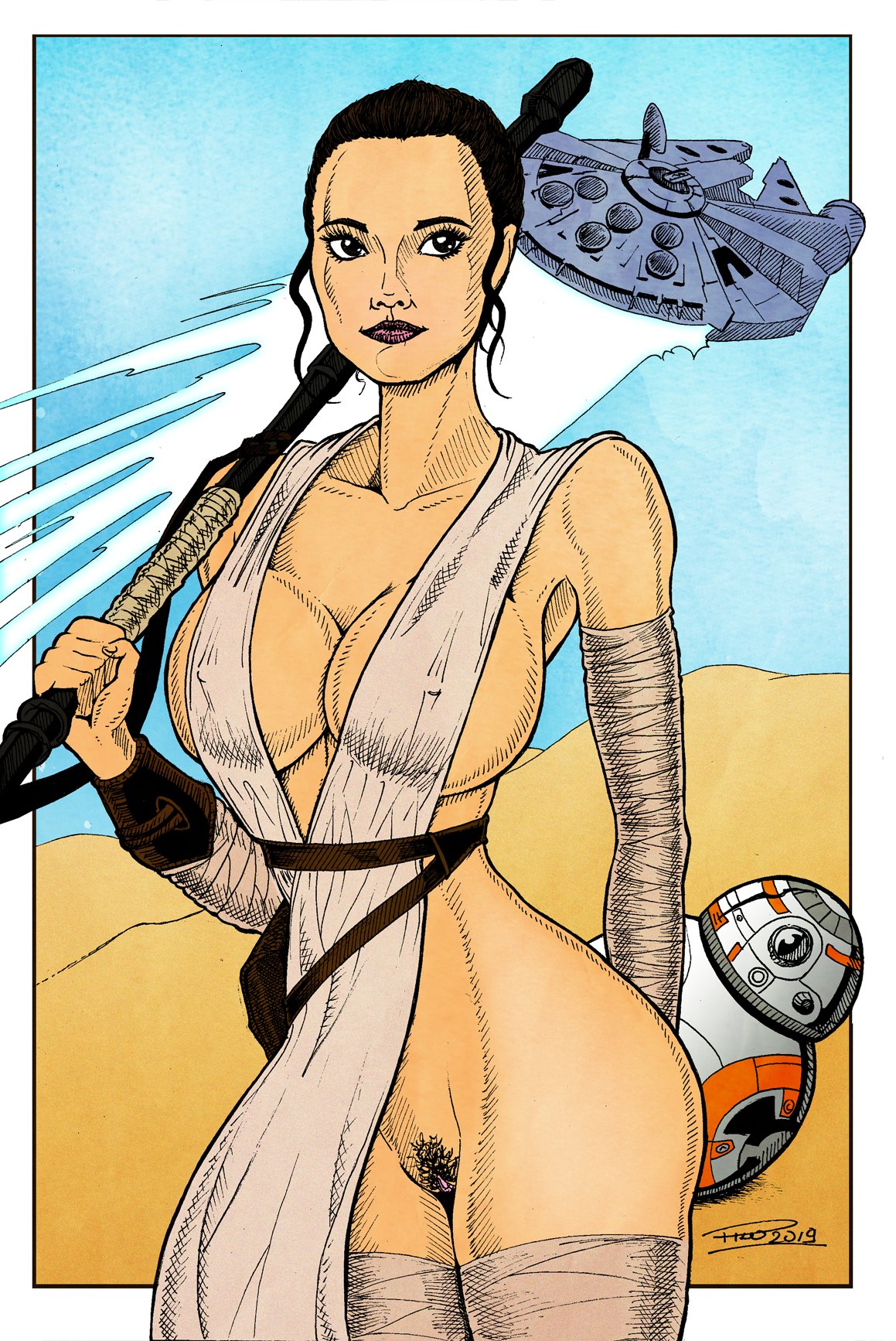 1girls 2019 armband artystab athletic bare_shoulders bb-8 belt big_breasts black_eyes bottomless breasts brown_hair busty cleavage desert droid erect_nipples eyelashes female female_focus fit fit_female hourglass_figure huge_breasts labia large_breasts legband lipstick loincloth long_hair nipple_bulge outdoors overflowing_breasts pinup pubic_hair pussy rey solo_focus spacecraft spaceship staff standing star_wars tagme thick_thighs tied_hair vagina wide_hips