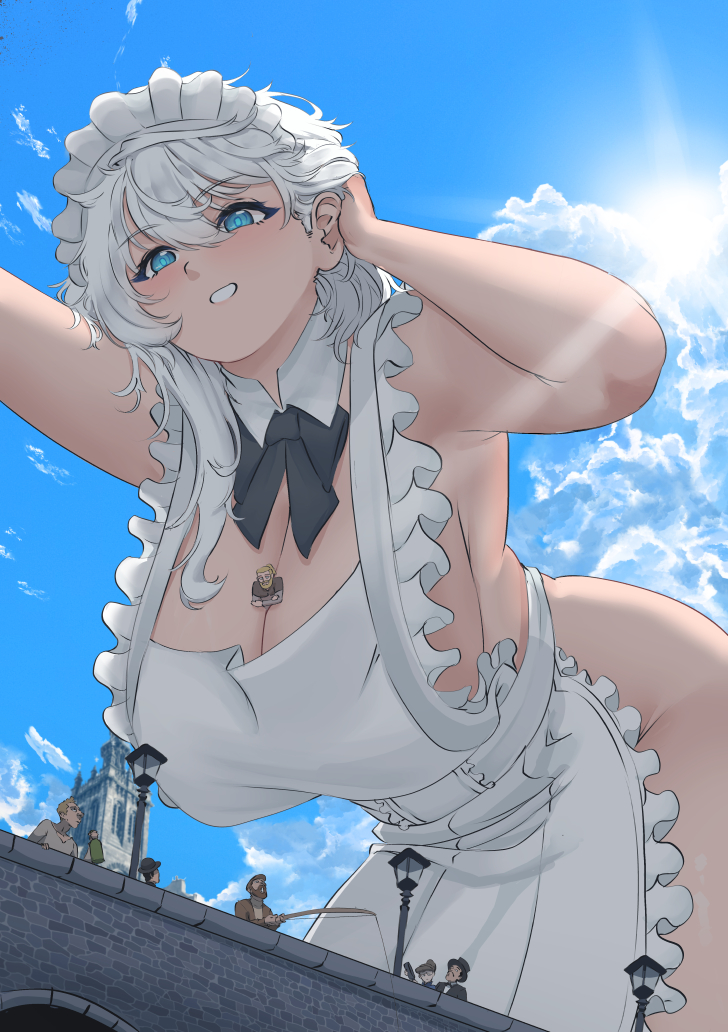 big breasts, blue eyes, cleavage, frost giant, giantess, jotunn (norse mythology), maid apron, maid headdress, naked apron, noart 0, norse mythology, original character, tagme, thick thighs, white hair