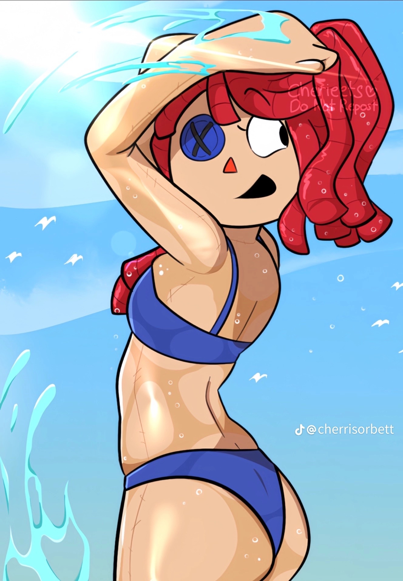 ass, beach, bikini, blue bikini, blue bikini bottom, blue bikini top, doll, glitch productions, playing in water, ragatha, ragatha (tadc), ragatha (the amazing digital circus), red hair, shiny skin, summer, swimsuit, tadc, the amazing digital circus, water, water drop