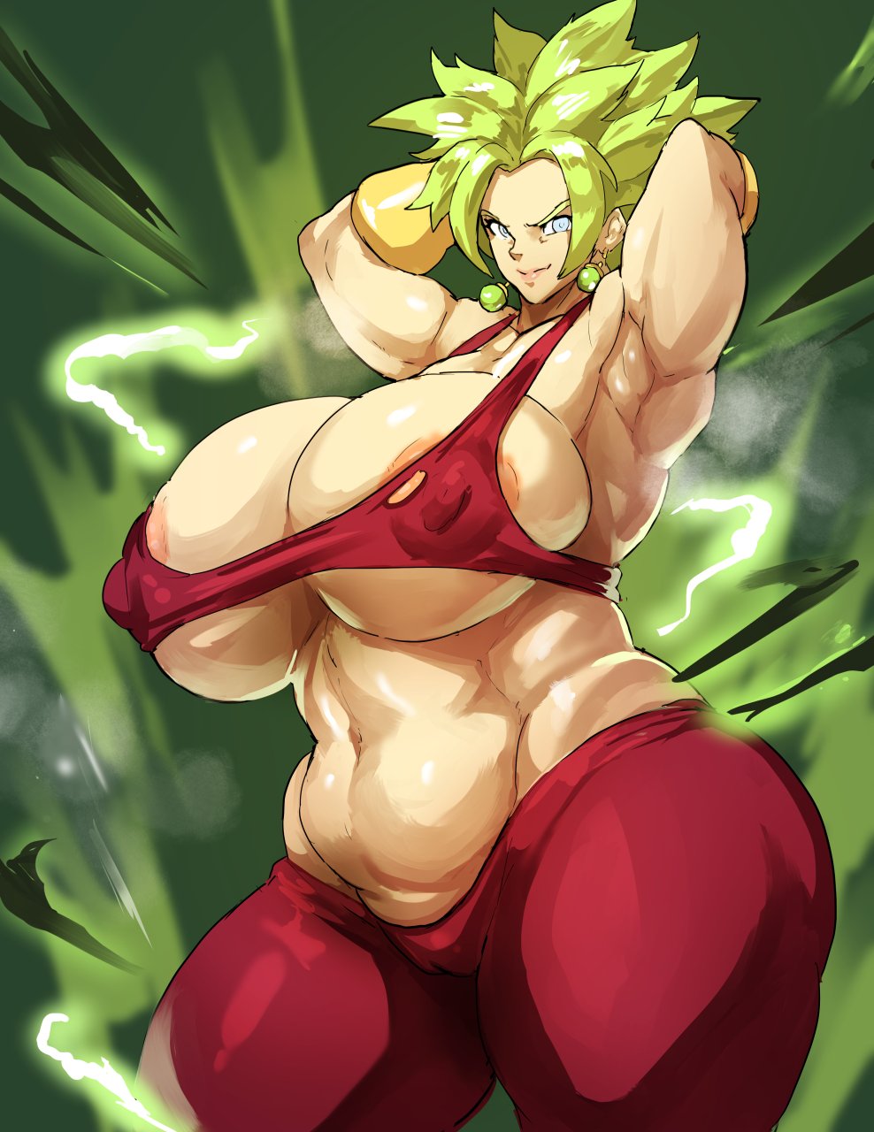 1girls, alien, alien girl, armpit, arms behind head, arms up, ass, aura, big ass, bracelets, breasts, busty, curvy, donaught, dragon ball, dragon ball super, earrings, electricity, female, female only, fusion, green eyes, green hair, higher resolution available, huge ass, huge breasts, kefla, large breasts, legendary super saiyan, light skin, light-skinned female, looking at viewer, muscular, muscular female, naughty face, nipple bulge, potara earrings, saiyan, seductive, seductive smile, short hair, smile, spiky hair, super saiyan, super saiyan 2, thick thighs, venus body, voluptuous, wide hips