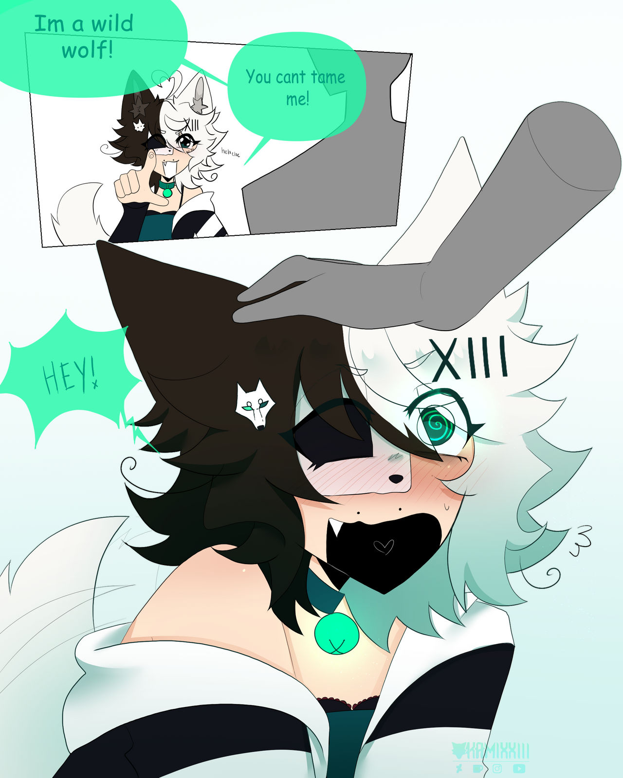 1boy, 2boys, blush, cute, cute expression, cute eyes, cute face, cute femboy, cute male, cutie mark, dialogue, embarrassed, femboy, femboy on male, femboy only, furry male, gay, green eyes, heart, heart symbol, male domination, wolf boy, wolf ears, wolf humanoid, wolf tail