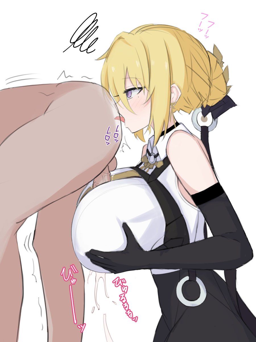 1boy, acht ao, bare shoulders, black gloves, black necktie, blonde hair, blush, breasts, clothed female nude male, cum, elbow gloves, evelyn chevalier, female, female rimming, female rimming male, gloves, large breasts, licking, mole under eye, nude, oral, paizuri, penis, purple eyes, rimjob, rimming, rimming male, rimzuri, solo focus, squiggle, straight, tongue, tongue out, trembling, x-ray, zenless zone zero