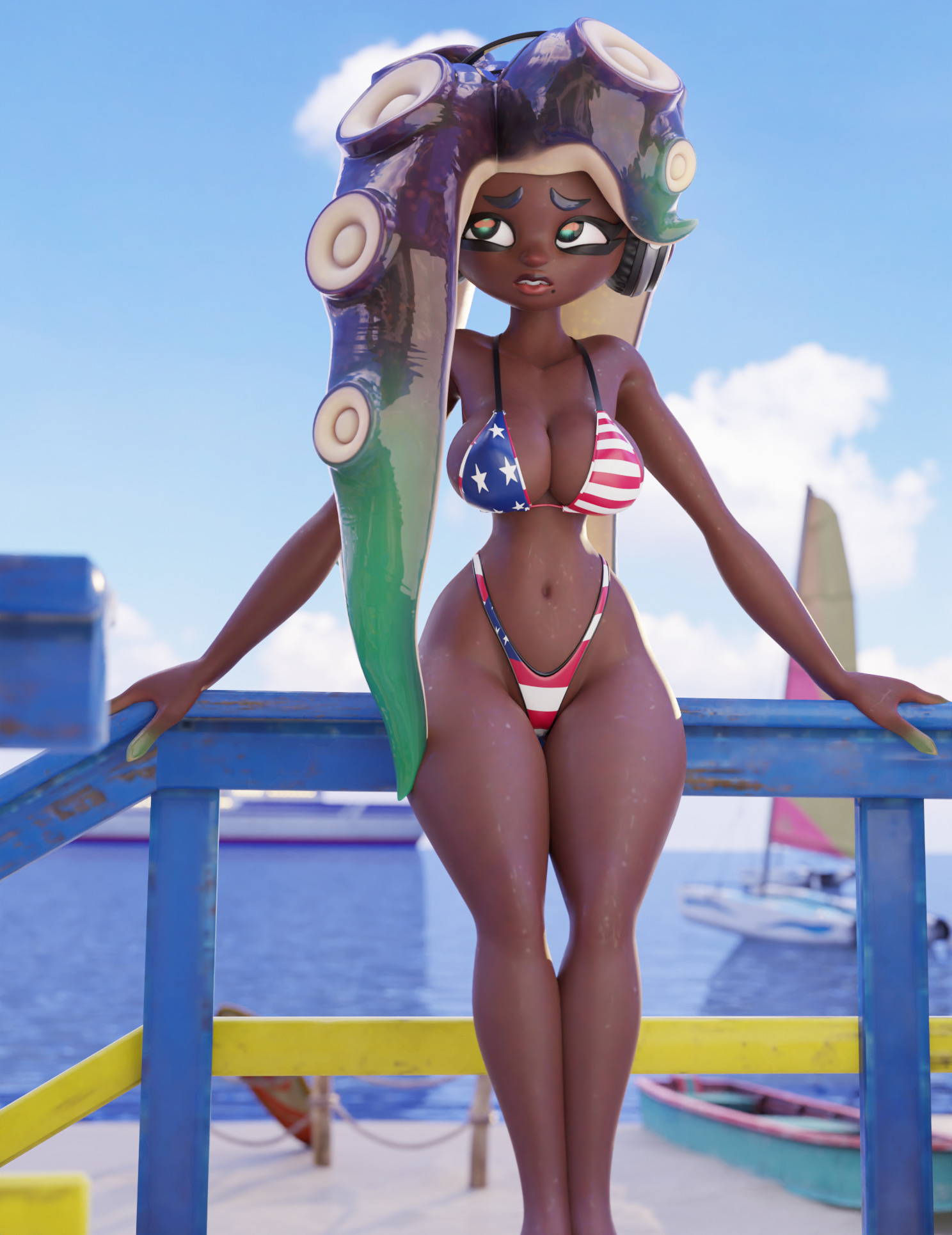 1girls, 2023, 3d, 3d (artwork), 3d model, 3d render, american flag, american flag bikini, ass, ass visible through thighs, background, banging body, big ass, big breasts, big butt, big thighs, bikini, black hair, boat, bra, breasts, calm, curvy, curvy body, curvy female, curvy figure, dark skin, dark-skinned female, detailed background, digital media (artwork), dock, eyebrows, eyelashes, eyeshadow, female, female only, fence, fit, fit female, flag bikini, glistening, glistening body, glistening butt, glistening eyes, glistening hair, glistening skin, green hair, headgear, headphones, headwear, hips, hourglass figure, huge ass, huge butt, jos bobot, legs, legs together, long hair, looking away, looking up, marina (splatoon), marina (wo262), marina ida, multicolored eyes, multicolored hair, muscular legs, ocean, octoling girl, outdoors, outside, panties, perky breasts, sailboat, sexy, shiny skin, shoulders, shy, shy expression, slim waist, solo, solo female, solo focus, splatoon, splatoon (series), splatoon 2, splatoon 3, standing, sweat, sweatdrop, tentacle, tentacle hair, thick, thick ass, thick thighs, thighhighs, thighs, voluptuous, voluptuous female, wide hips, wo262 (3d model style)