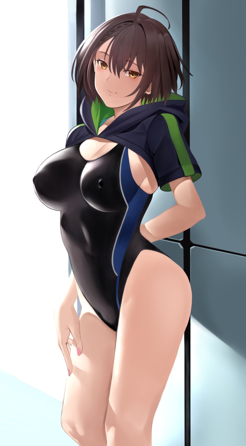 2d, 2d (artwork), 2d artwork, ahoge, arm behind back, azur lane, baltimore (azur lane), belly, belly button, big breasts, bikini, black bikini, black one-piece swimsuit, black swimsuit, black swimwear, breasts, brown eyebrows, brown eyes, brown hair, brown-eyed female, brown-haired female, busty, busty female, busty girl, closed mouth smile, competition swimsuit, curvaceous, curvaceous body, curvaceous female, curvaceous figure, curvaceous hips, curvy, curvy body, curvy female, curvy figure, curvy hips, digital, digital art, digital drawing, digital drawing (artwork), digital media, digital media (artwork), elbows, female, female focus, female only, fingernails, fingers, girl, groin, hair between eyes, hand behind back, head tilt, high resolution, highres, hourglass figure, inframammary fold, knees, large boobs, large breasts, lean figure, legs closed, legs together, light smile, looking at viewer, midriff, nail polish, nails, narrow waist, navel, nipple bulge, nipples, one-piece swimsuit, pink fingernails, pink nail polish, pink nails, saisarisu, short hair, shoulders, slender body, slender waist, slim waist, smile, smiley face, smiling, smiling at viewer, solo, standing, swimsuit, swimwear, thighs, thighs together, tilted head, tomboy, upper body, wide hips