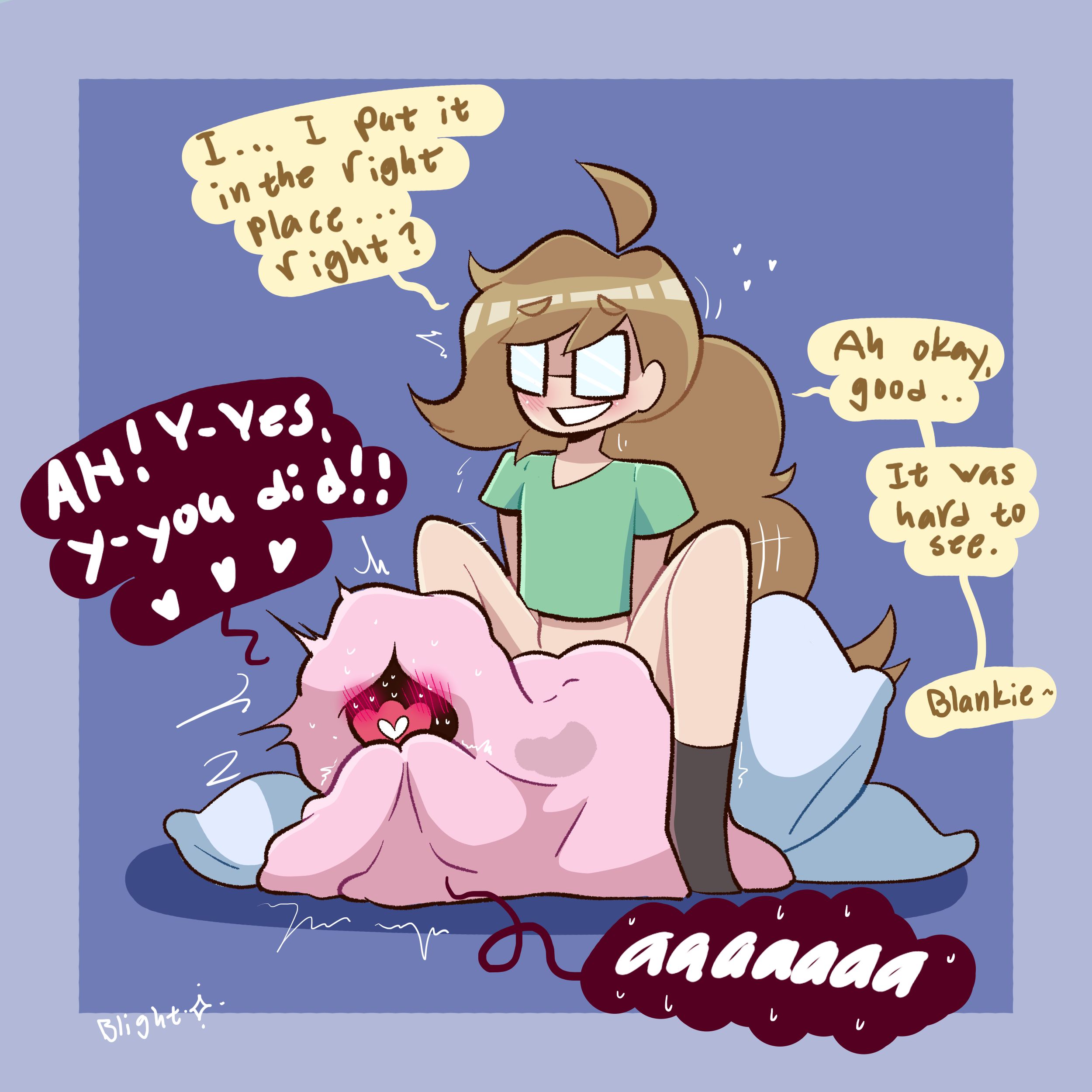 1boy, 1girls, all fours, ambiguous penetration, artist self-insert, blanket, blanket covering, blankie (oc), blightstar, blonde hair, blush, blushing profusely, bottomless male, crop top, dialogue, doggy style, english text, female, glasses, long hair, male, moaning, original, original character, penetration, penis silhouette, pillow, ponytail, speech bubble, squatting, tagme, wholesome