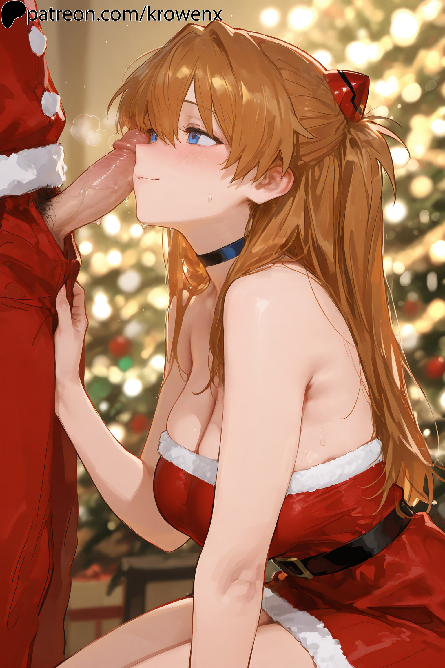 1boy1girl, 1girls, ai generated, asuka langley sohryu, big breasts, blue eyes, blush, breasts, christmas, christmas outfit, closed mouth, female, female focus, from side, imminent fellatio, imminent oral, kneeling, krowenx, long hair, male/female, neon genesis evangelion, orange hair, penis, penis on face, santa costume, smile, uncensored