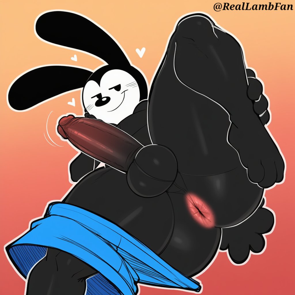 1boy, 3 toes, ai generated, anthro, anthro on anthro, anus, anus focus, asshole, balls, ballsack, big penis, black body, black fur, blue shorts, blush lines, blushing, bunny tail, butthole, cock, dick, disney, fat ass, fat butt, femboy, femboy only, floppy ears, furry, furry male, furry only, gay, gay male, hearts around head, lifting leg, looking at viewer, male, male only, oswald (character), oswald the lucky rabbit, presenting anus, presenting ass, rabbit, rabbit ears, rabbit tail, reallambfan, shorts around one leg, shorts down, sketch, solo, solo male, thick, thick ass, thick legs, thick thighs, ungaped asshole, waiting to be fucked, waiting to be gaped