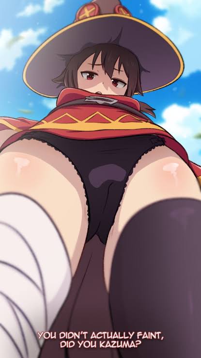 ass, asshole, asymmetrical legwear, black panties, brown hair, greatm8, hat, kono subarashii sekai ni shukufuku wo!, low-angle view, megumin, panties, panties aside, red eyes, satou kazuma, tagme, thighs, underboob, upskirt
