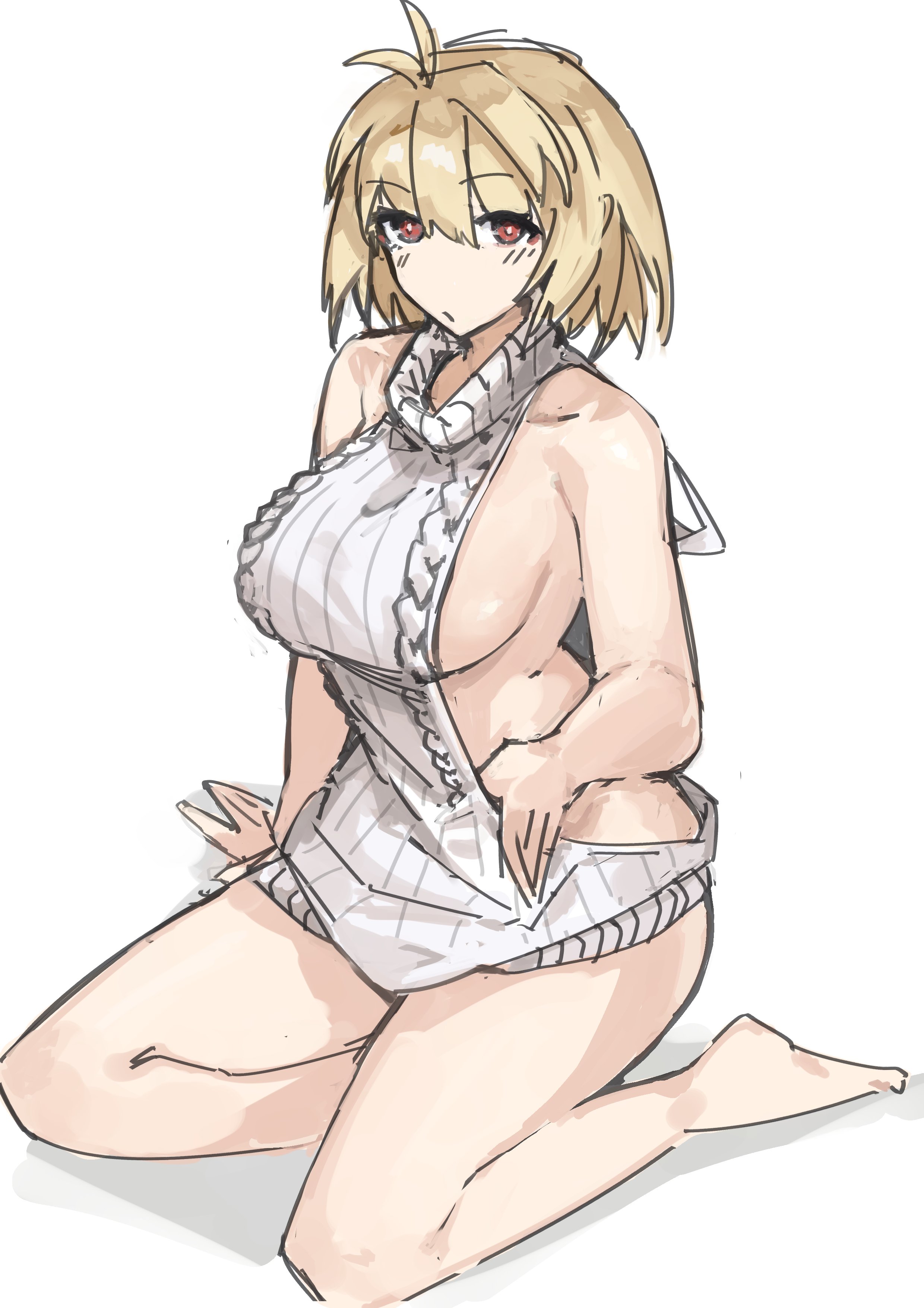 1girls, absurdres, ahoge, arcueid brunestud, arm support, barefoot, blonde hair, blush, bottomless, breasts, female, hair intakes, highres, huge breasts, jonyeld, looking at viewer, no bra, red eyes, short hair, sweater, thick thighs, thighs, tsukihime, tsukihime (remake), virgin killer sweater, wide hips