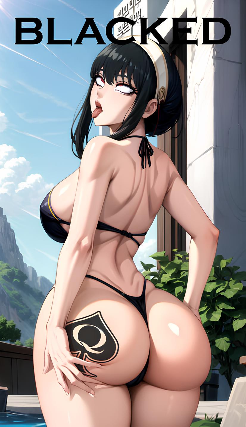 ahe gao, ai generated, black bikini, blacked, eyes rolled up, grabbing ass, looking back, qos, qos tattoo, spy x family, tongue out, yor briar, yor forger