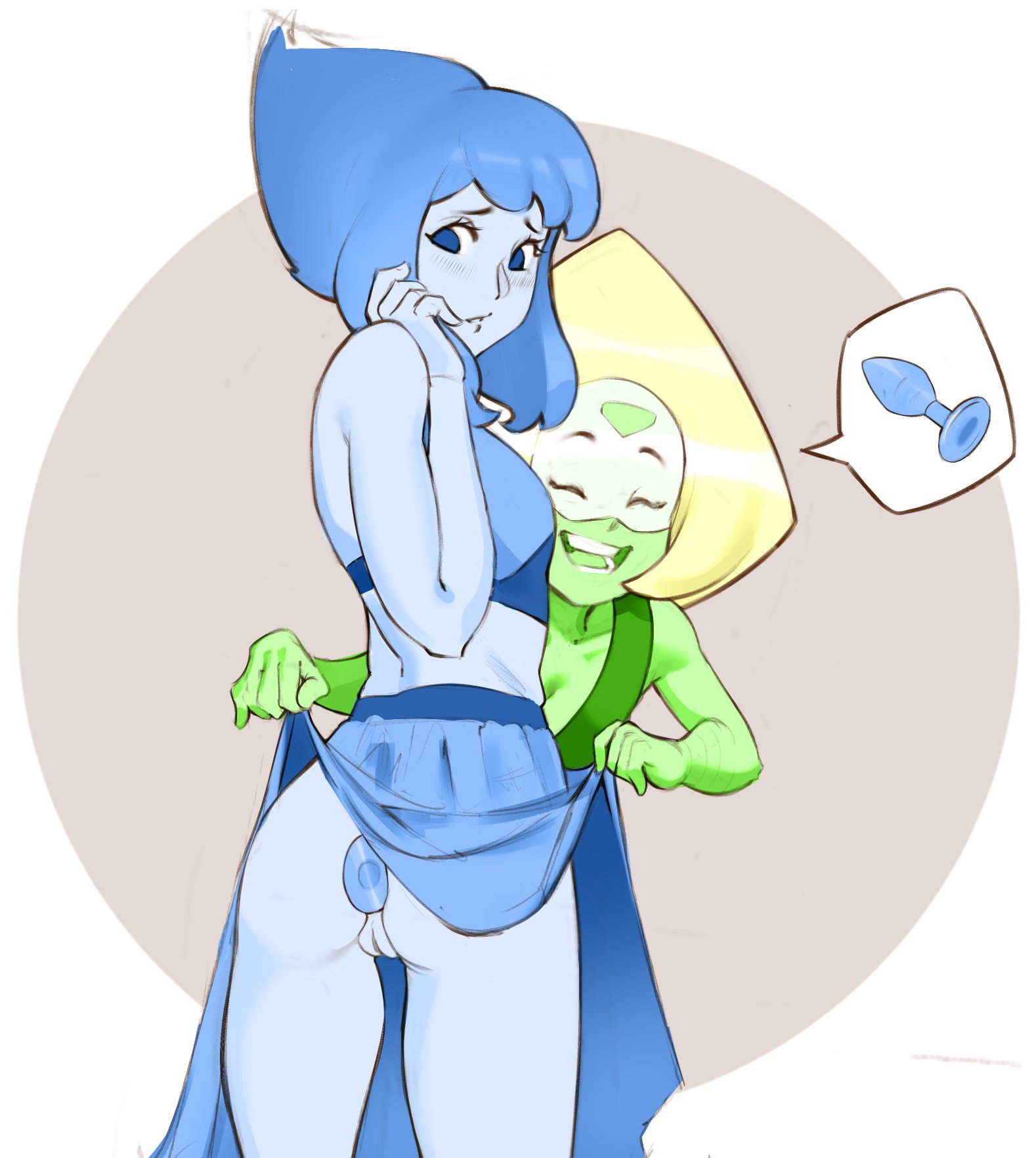 2girls, anal insertion, anal plug, ass, buttplug, female, lapis lazuli (steven universe), multiple females, multiple girls, peridot (steven universe), pokinha, pussy, sex toy, skirt lift, standing, steven universe