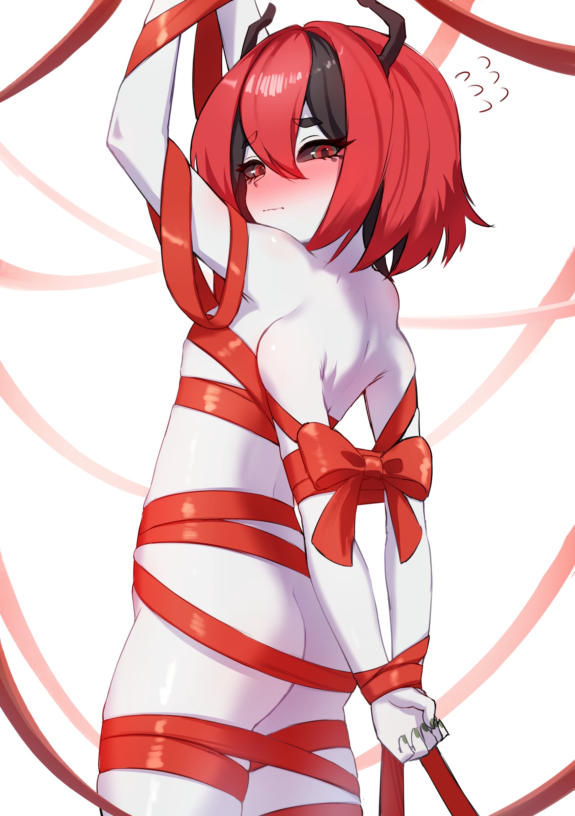 1girls, beastiez, beribug, black sclera, blush, bondage, bug girl, cgator, female only, insect girl, medium hair, nude, nude female, red hair, solo, virtual youtuber