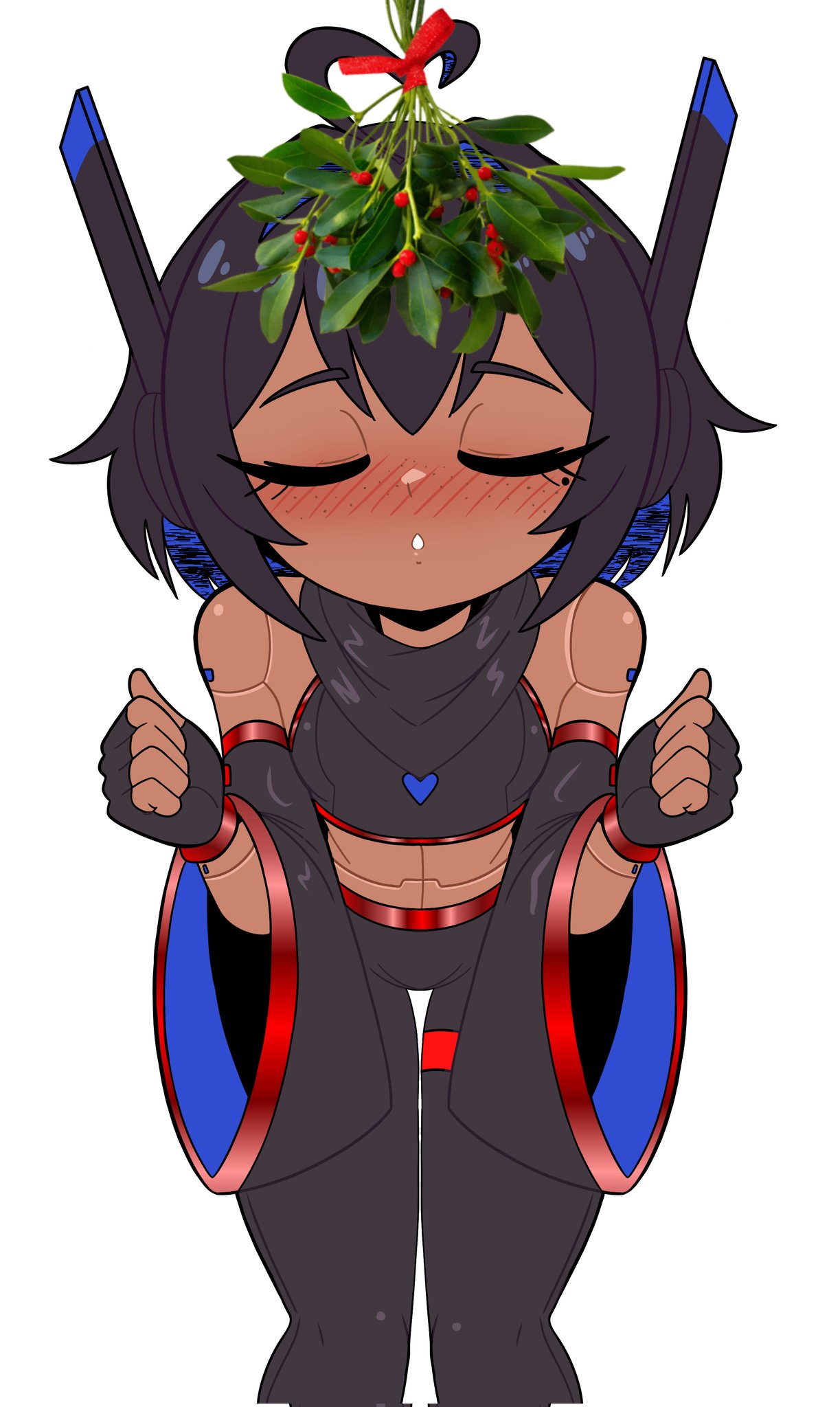 1girls, android, bent legs, bent over, black hair, blush, borrowed character, brown skin, closed eyes, facing viewer, female, female only, kissing viewer, leaning forward, mei (somnipheromone), mistletoe, not porn, oc, original, original character, robot, robot girl, simple background, somnipheromone, unepicroachy