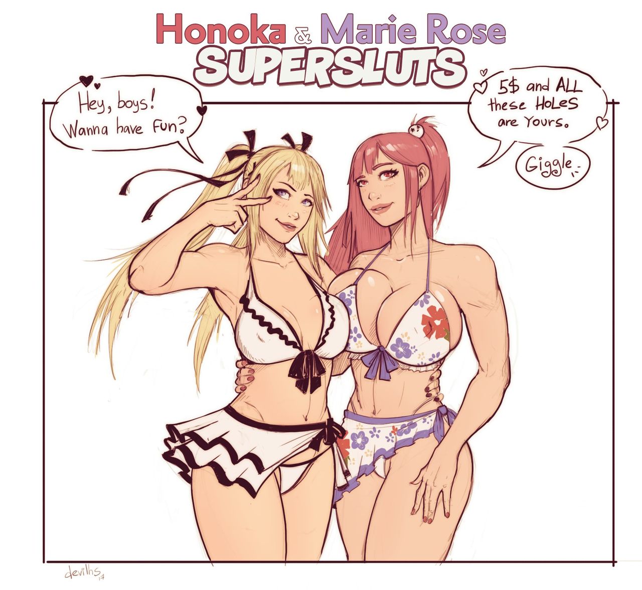 2girls, areolae, ass, bare shoulders, biceps, big breasts, bikini, blonde-haired female, breasts, bubble ass, bubble butt, busty, dead or alive, devil hs, english text, erect nipples, eyelashes, eyeliner, female, female focus, fingering, front view, g-string, honoka (doa), hourglass figure, huge breasts, large breasts, long hair, makeup, male, marie rose, micro bikini, money, multiple females, multiple girls, naughty face, navel, nipple bulge, nipples, ponytail, pussy, pussy juice, seductive, seductive smile, smile, squirting, standing, tagme, tecmo, thick thighs, thong, tied hair, toned, toned female, tongue, tongue out, wide hips