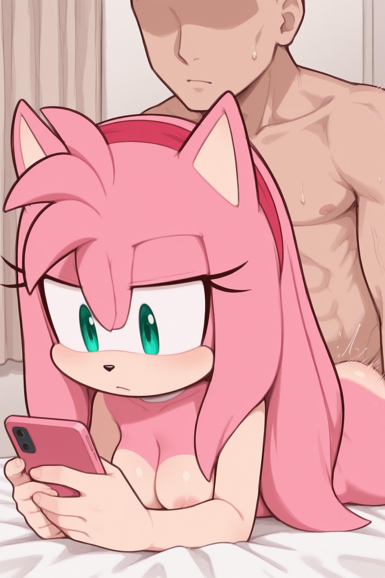 ai generated, amy rose, emotionless sex, furry female, hedgehog girl, interspecies, male human/female anthro, not caring, on her phone, sega, sonic (series), sonic the hedgehog (series)