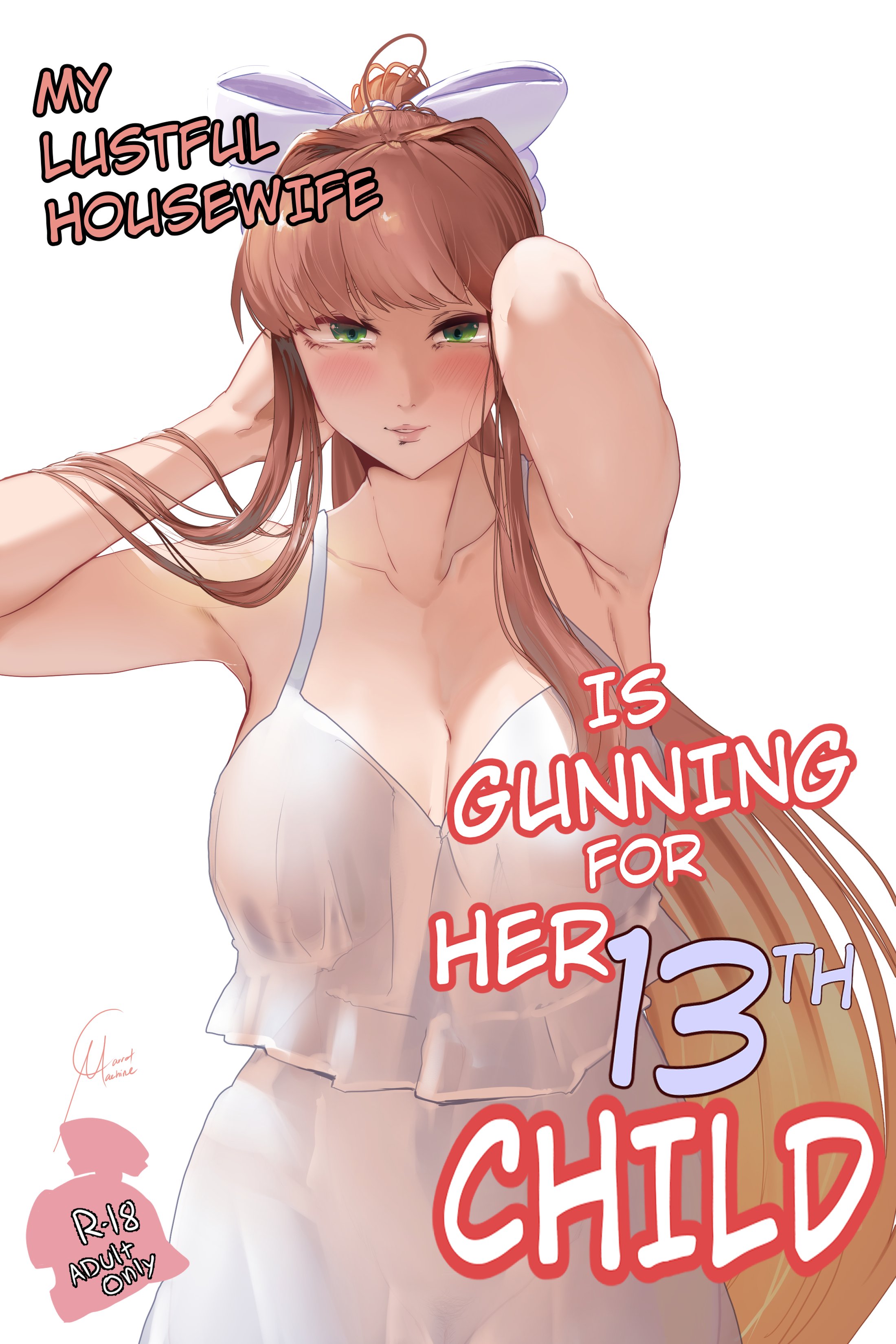 1girls, big breasts, breasts, carmach101, cleavage, collarbone, doki doki literature club, doujin cover, doujinshi cover, dress, english text, female, green eyes, long hair, monika (doki doki literature club), text, white dress