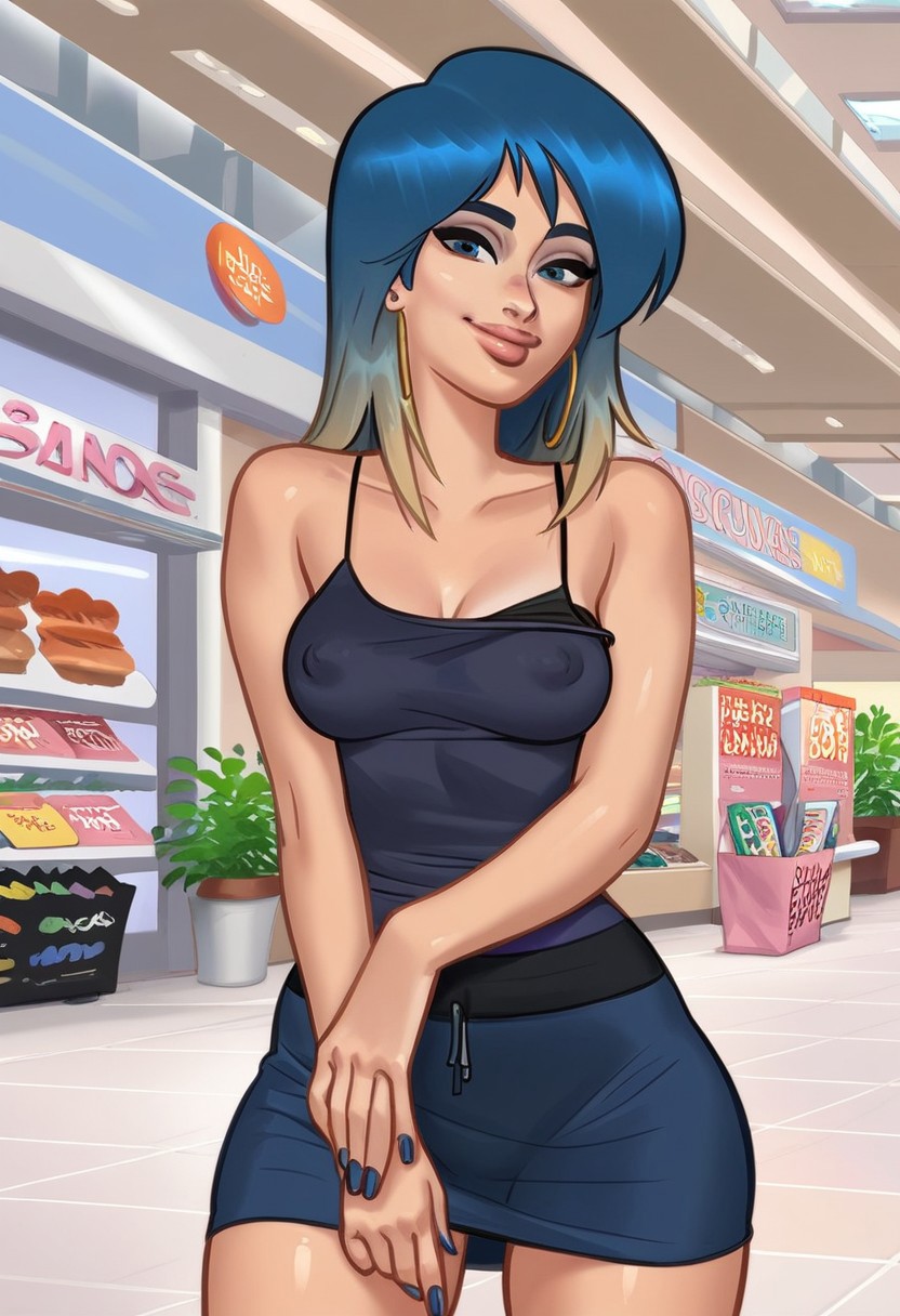 1girls 2d 2d_(artwork) ai_generated bench blue_hair breasts cameltoe civitai cleavage digital_drawing_(artwork) earrings eve_(summertime_saga) female female_focus female_only kiwimike light-skinned_female light_skin looking_at_viewer medium_breasts nipples nipples_visible_through_clothing outdoors outside skirt standing summertime_saga tank_top teenage_girl teenager