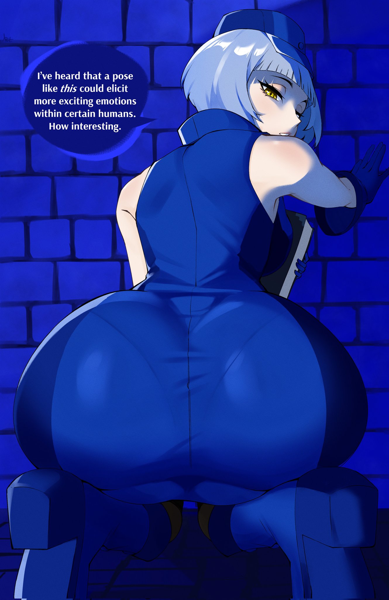 1girls, ass, ass focus, bare shoulders, big ass, blue dress, blue gloves, book, boots, clarkekitsp, dress, elizabeth (persona), english text, female, gloves, grey hair, hat, highres, holding, looking at viewer, pantylines, persona, persona 3, short hair, sleeveless, sleeveless dress, solo, text, white hair, yellow eyes