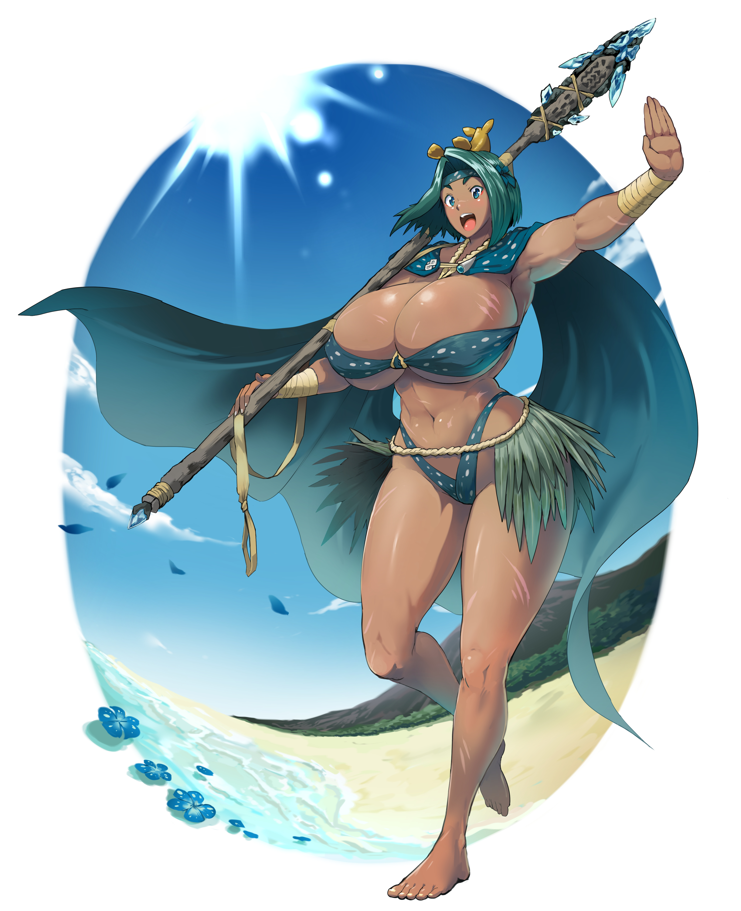 amazon, barefoot, beach, bikini, breasts, bursting breasts, cape, cleavage, dark skin, dark-skinned female, female, green eyes, green hair, highres, huge breasts, navel, original, sasaki tatsuya, short hair, sky, solo, spear, thick thighs, toned, weapon, wide hips