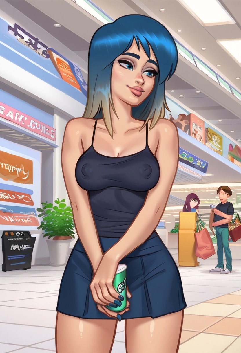 1girls 2d 2d_(artwork) ai_generated bench blue_hair breasts bubble_tea cameltoe civitai cleavage digital_drawing_(artwork) earrings eve_(summertime_saga) female female_focus female_only kiwimike light-skinned_female light_skin medium_breasts nipples nipples_visible_through_clothing outdoors outside skirt standing summertime_saga tank_top teenage_girl teenager