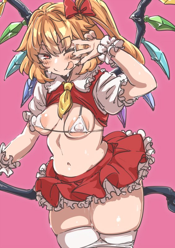breasts, covered erect nipples, curvy, demekyon, erect nipples, female, flandre scarlet, licking lips, navel, nipple bulge, nipples, one eye closed, panties down, perky breasts, pussy, pussy juice, pussy juice on fingers, small breasts, sweat, touhou, voluptuous, w, white bikini
