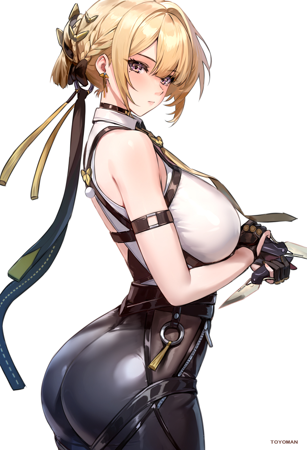 1girls, arm strap, artist name, ass, bare shoulders, black choker, black gloves, black pants, blonde hair, braid, braided bun, breasts, chest harness, choker, closed mouth, commentary, cowboy shot, dagger, dual wielding, earrings, evelyn chevalier, female, from side, gloves, hair bun, hair ornament, harness, highres, holding, holding knife, jewelry, knife, large breasts, looking at viewer, mole, mole under eye, necktie, no jacket, pants, partially fingerless gloves, purple eyes, ring hair ornament, shirt, shirt tucked in, short hair, sideways glance, simple background, solo, tight clothes, tight pants, toyoman, weapon, white background, white shirt, yellow necktie, zenless zone zero