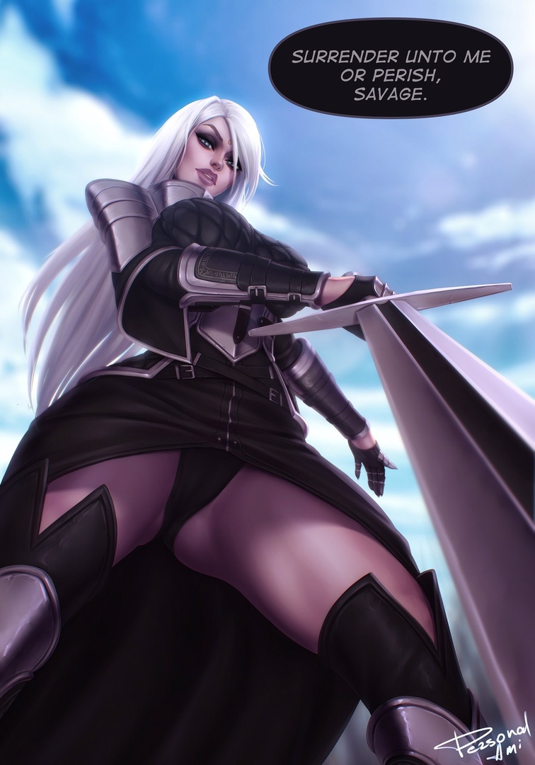 1girls, angelise reiter, armor, big breasts, breasts, female, female only, final fantasy, large breasts, long hair, looking at viewer, panties, personalami, solo, solo female, sword, weapon, white hair