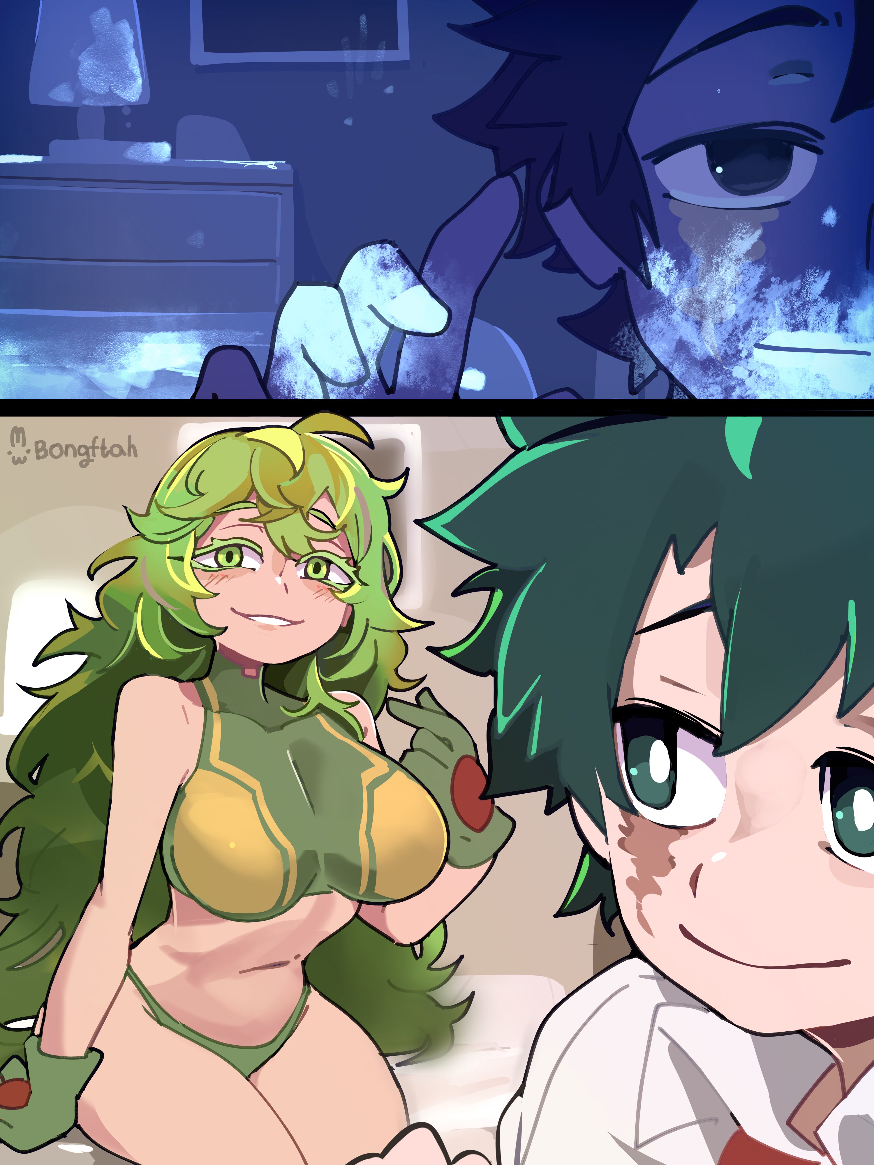 1boy, 1girls, artist name, bedroom, big breasts, blacklight, boku no hero academia, bongfillstudent, bongftah, breasts, busty, curvy, female, green eyes, green hair, green-haired female, green-haired male, izuku midoriya, male, midriff, my hero academia, my hero academia (finale), post-timeskip, sitting, sitting on bed, stains, thick thighs, tooru hagakure, tooru hagakure (invisible), tooru hagakure (post-timeskip), tooru hagakure (visible)