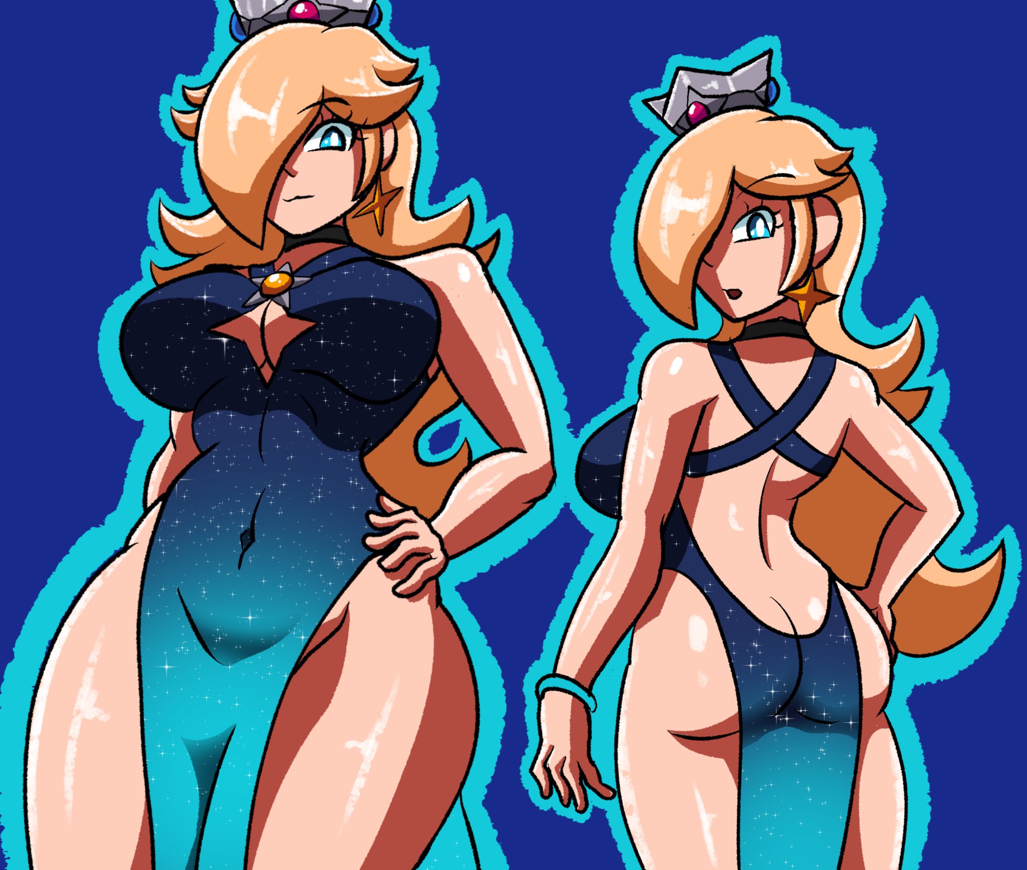 backless dress, big breasts, blonde hair, blue dress, blue eyes, boob window, breasts, busty, cleavage cutout, crown, curvy, dress, female, hair over one eye, light skin, light-skinned female, mario (series), nintendo, no panties, princess rosalina, robveemo, starry night dress (sarukaiwolf), thick thighs, thighs