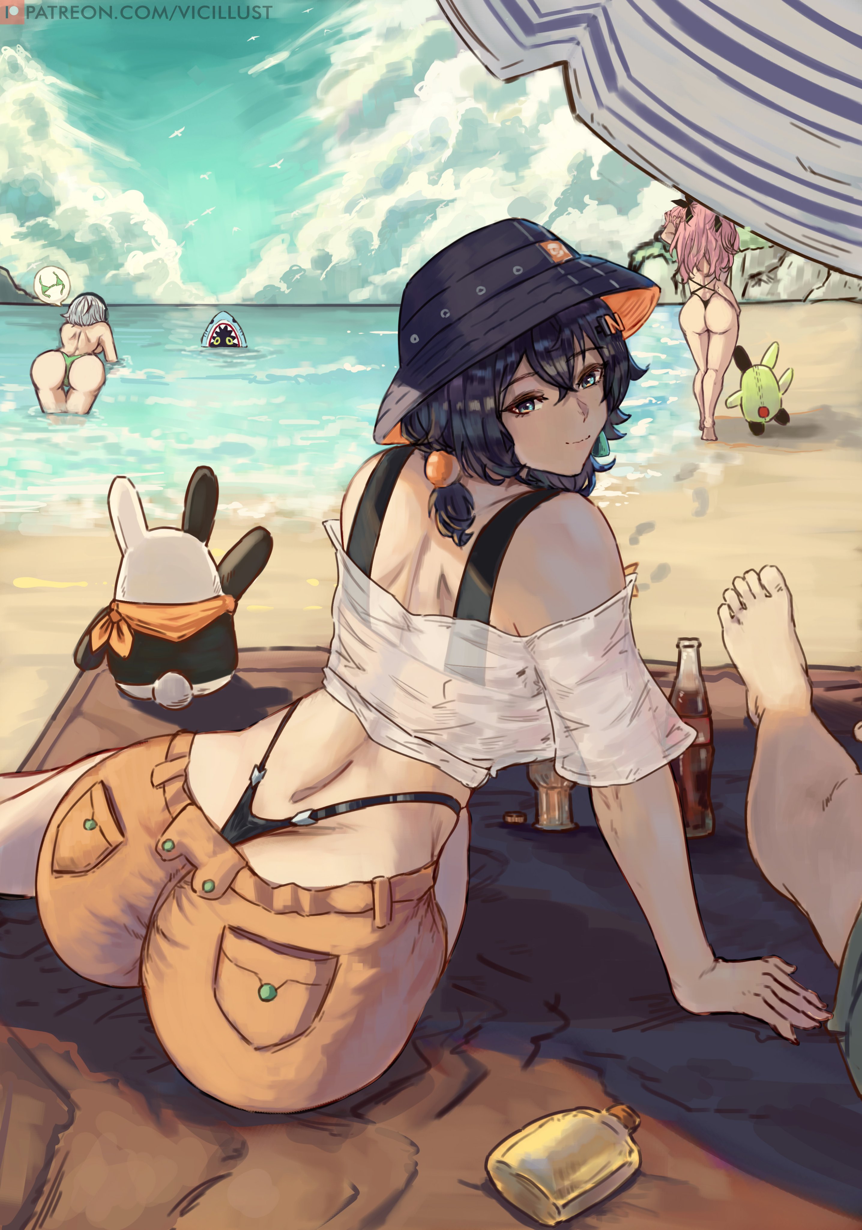 3girls, alternate costume, amillion (zenless zone zero), anby demara, ass, ass focus, bad tag, bangboo (zenless zone zero), bare shoulders, barefoot, belle (summer skies) (zenless zone zero), belle (zenless zone zero), bikini, blue eyes, blue hair, blush, breasts, bucket hat, female, from behind, hat, highres, long hair, looking at viewer, looking back, low twintails, multiple females, multiple girls, nicole demara, official alternate costume, pink hair, sharkboo (zenless zone zero), short hair, short shorts, shorts, smile, swimsuit, thong, thong bikini, twintails, vicarious, vicarious (vicillust), whale tail, white hair, zenless zone zero