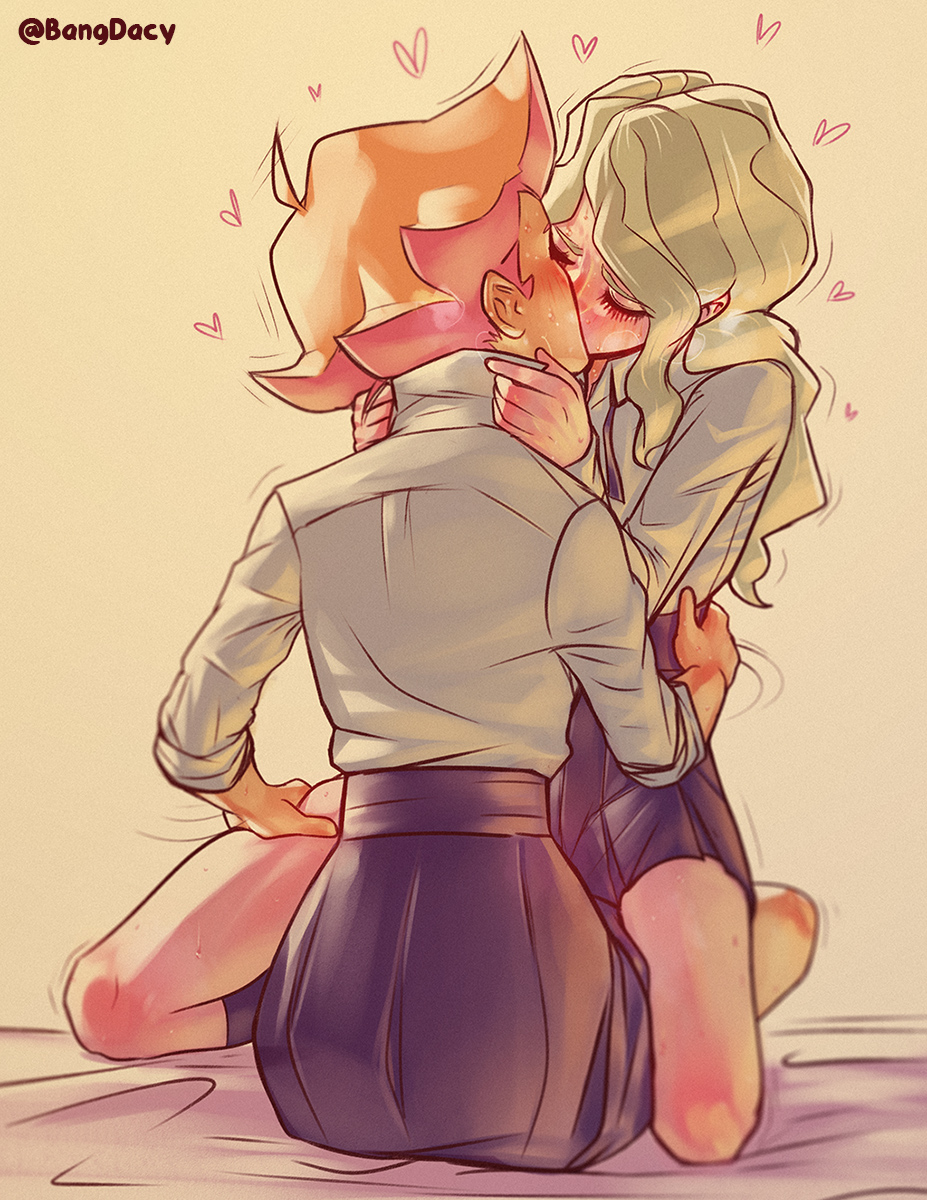 ahoge, amanda o'neill, bangdacy, before sex, blonde hair, blush, closed eyes, cute, diana cavendish, female, hand on hip, hand on thigh, heart, kissing, little witch academia, long hair, orange hair, school uniform, seifuku, short hair, skirt, sweat, sweatdrop, uniform, white shirt, wholesome, yuri