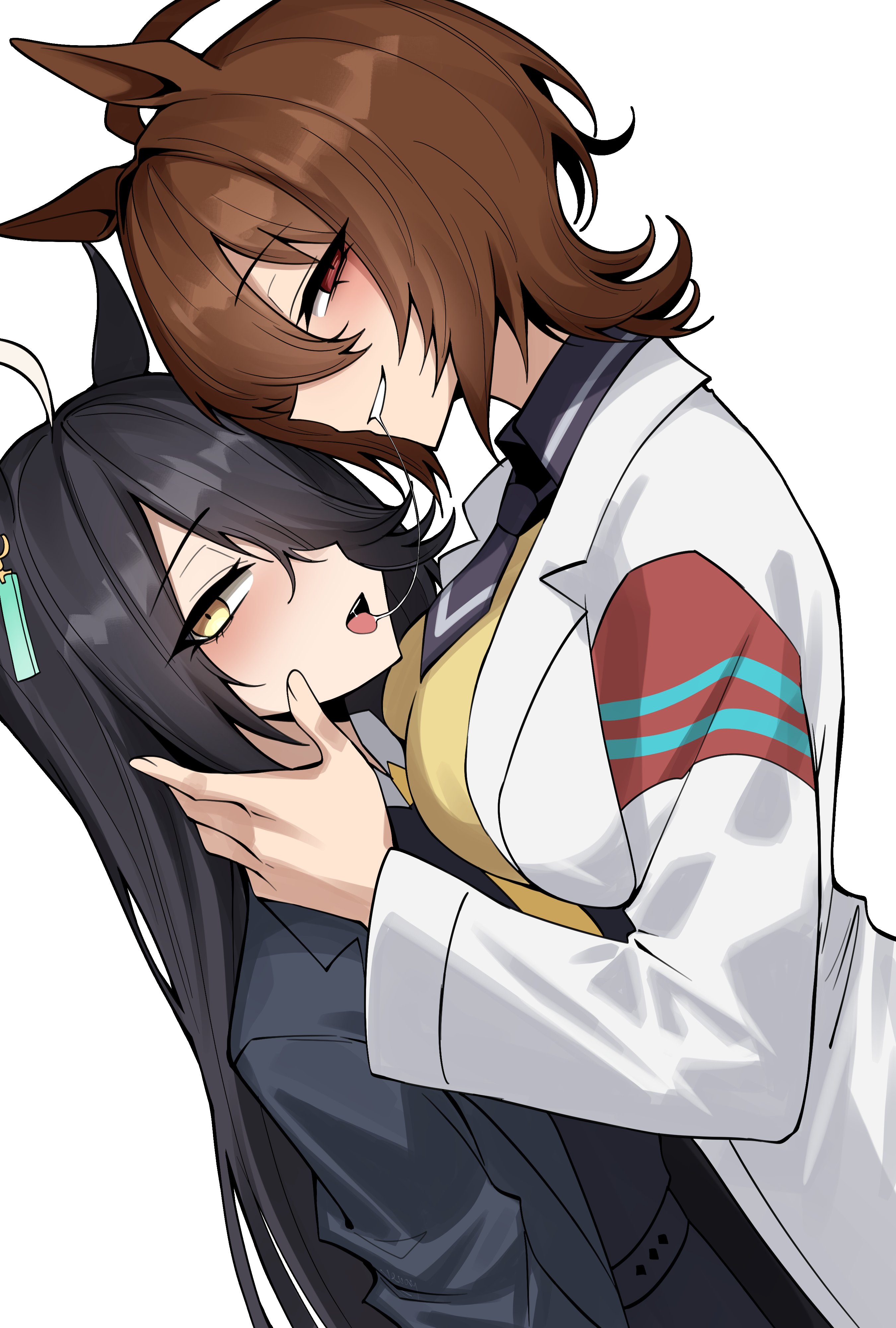 2girls, after kiss, agnes tachyon (umamusume), ahoge, black hair, blush, breasts, brown hair, collar, earring, eyebrows visible through hair, female, female only, horse ears, horse girl, labcoat, large breasts, light skin, light-skinned female, long hair, looking at viewer, manhattan cafe (umamusume), red eyes, saliva string, saliva trail, short hair, smile, sweater, tie, tongue, umamusume, umamusume pretty derby, vvernerluniq, yellow eyes, yuri