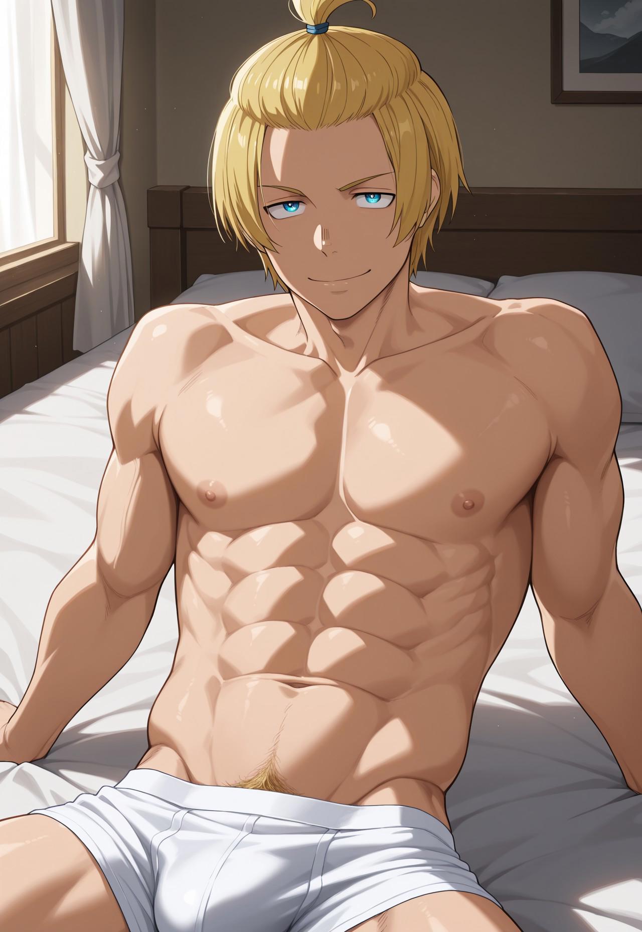 1boy abs ai_generated arm_support arthur_boyle bed boxer_briefs bsky_link bulge civitai dvxxxgrai en&#039;en_no_shouboutai enen_no_shouboutai fire_force gay illustrious_(stable_diffusion) indoors lying_on_bed male male_only navel nipples nude smile solo solo_male tagme underwear underwear_only white_boxer_briefs white_underwear yaoi