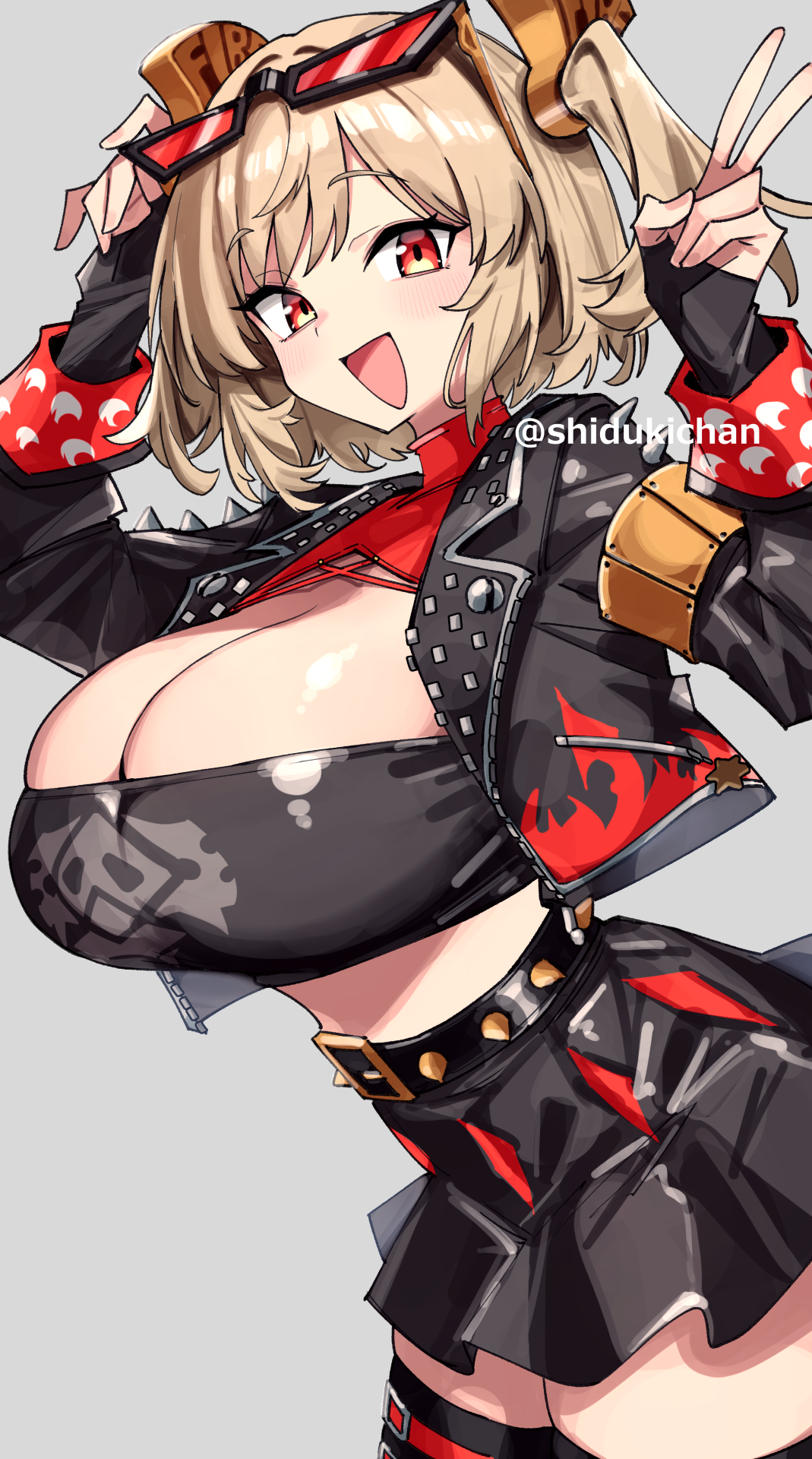 :d, black gloves, black jacket, black skirt, black tube top, blonde hair, blush, breasts, burnice white, commentary request, cowboy shot, eyewear on head, female, fingerless gloves, gloves, grey background, highres, jacket, large breasts, looking at viewer, open mouth, red eyes, red-tinted eyewear, shigatsu shizuki, simple background, skirt, smile, solo, spiked belt, spiked jacket, strapless, tinted eyewear, tube top, two side up, v, zenless zone zero