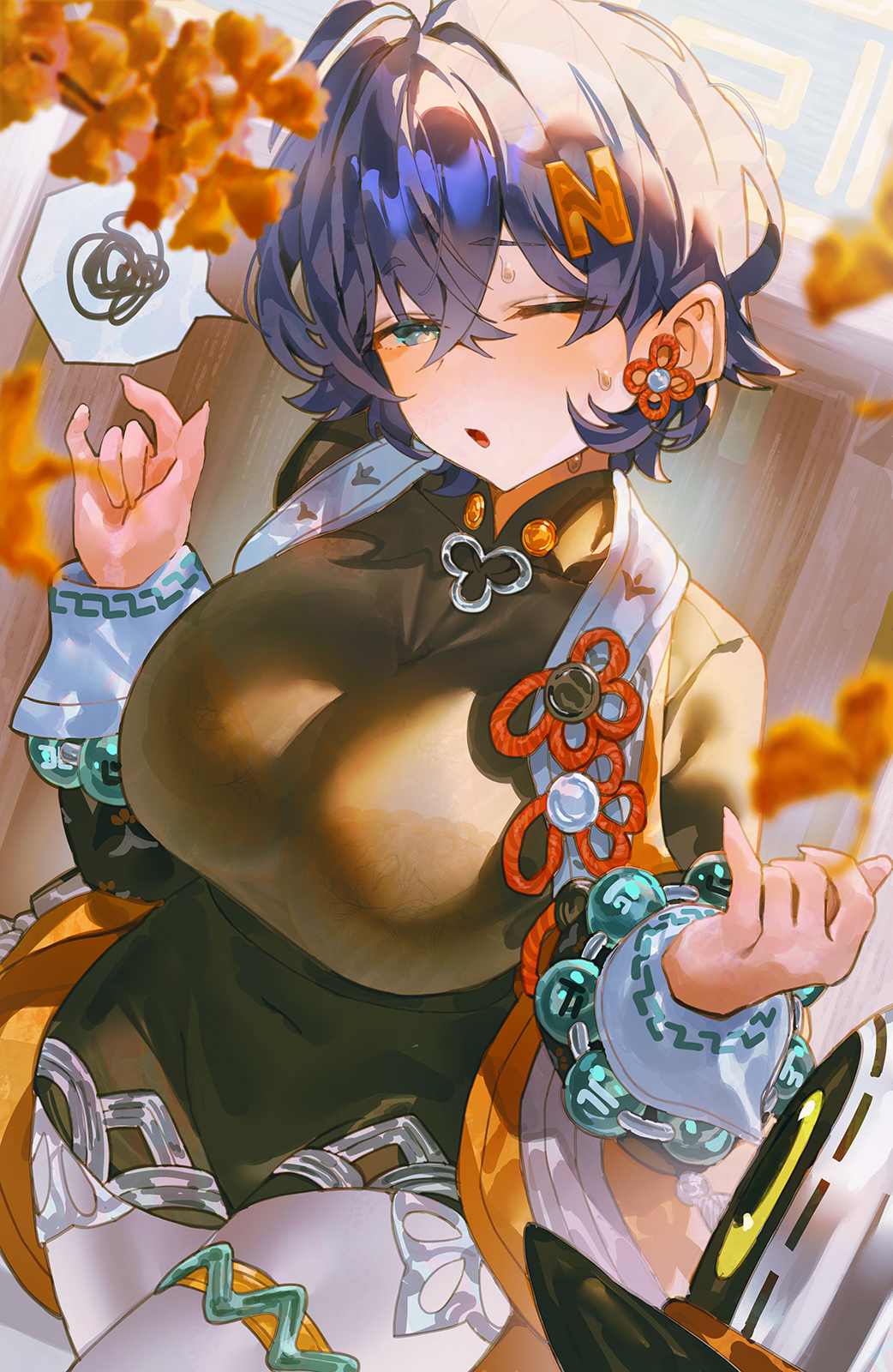 1girls, belle (delicate sunlight) (zenless zone zero), belle (zenless zone zero), black dress, blue hair, breasts, covered navel, dress, female, green eyes, hair ornament, highres, indol, large breasts, letter hair ornament, looking at viewer, official alternate costume, one eye closed, open clothes, open mouth, open shirt, pantyhose, short hair, solo, spoken squiggle, squiggle, white pantyhose, zenless zone zero