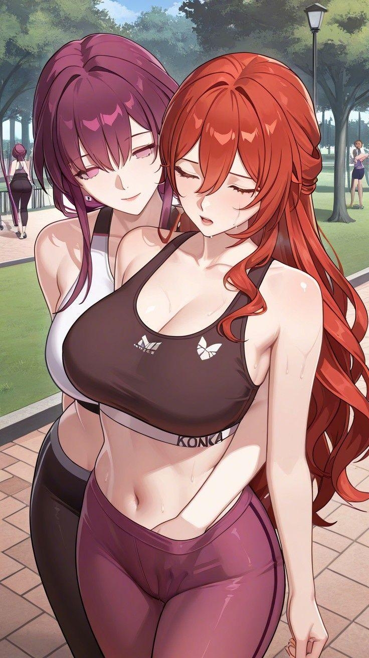 2girls, ai generated, background, background character, bangs, bare shoulders, big breasts, breasts, cleavage, closed eyes, clothed, clothed female, clothing, collarbone, commentary request, curvy, dominant, dominant female, female, female focus, female only, fingering, fingering from behind, fingering partner, hair between eyes, hand in pants, himeko (honkai: star rail), hips, honkai (series), honkai: star rail, hoyoverse, kafka (honkai: star rail), large breasts, leggings, lesbian couple, lia the busty redhead, long hair, looking at partner, looking pleasured, magenta eyes, magenta hair, masturbation, mature female, midriff, mihoyo, moaning, mommy, navel, open mouth, orgasm, outdoors, outside, park, public, public masturbation, red hair, self upload, smile, smug face, sports bra, standing, standing masturbation, submissive, submissive female, sweat, sweatdrop, tagme, thighs, tied hair, tree, wavy hair, wide hips, yoga pants, yuri