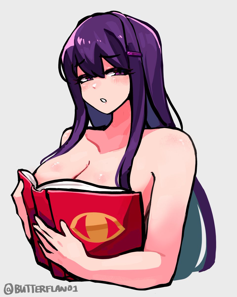 1girls, artist name, big breasts, book, book covering breasts, breasts, butterflan01, cleavage, collarbone, doki doki literature club, female, long hair, ouch meme, purple eyes, purple hair, twitter username, yuri (doki doki literature club)